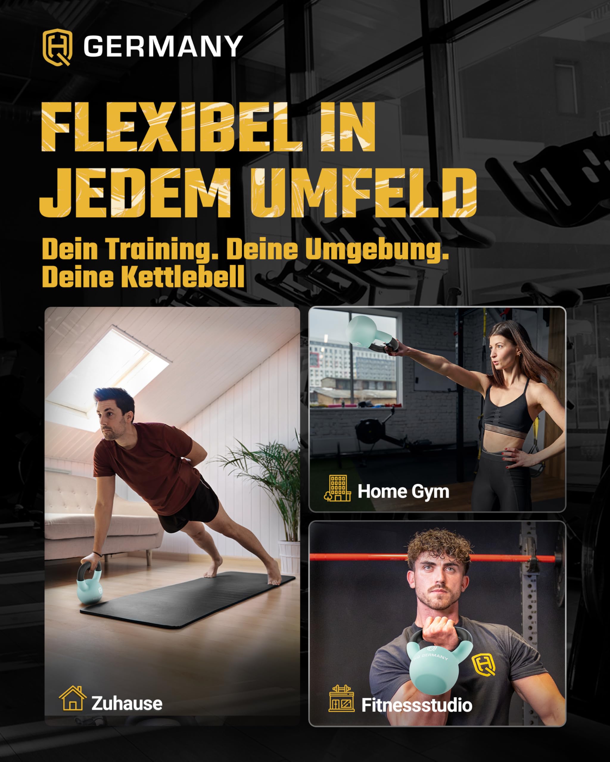 HQ Germany® Kettlebell Neopren [optimaler Bodenschutz] - Kugelhantel 2-32kg | Einteiliger Gusskern, pulverbeschichteter Griff, ±2% kalibriert, ergonomisch je Gewicht, Neoprenschicht