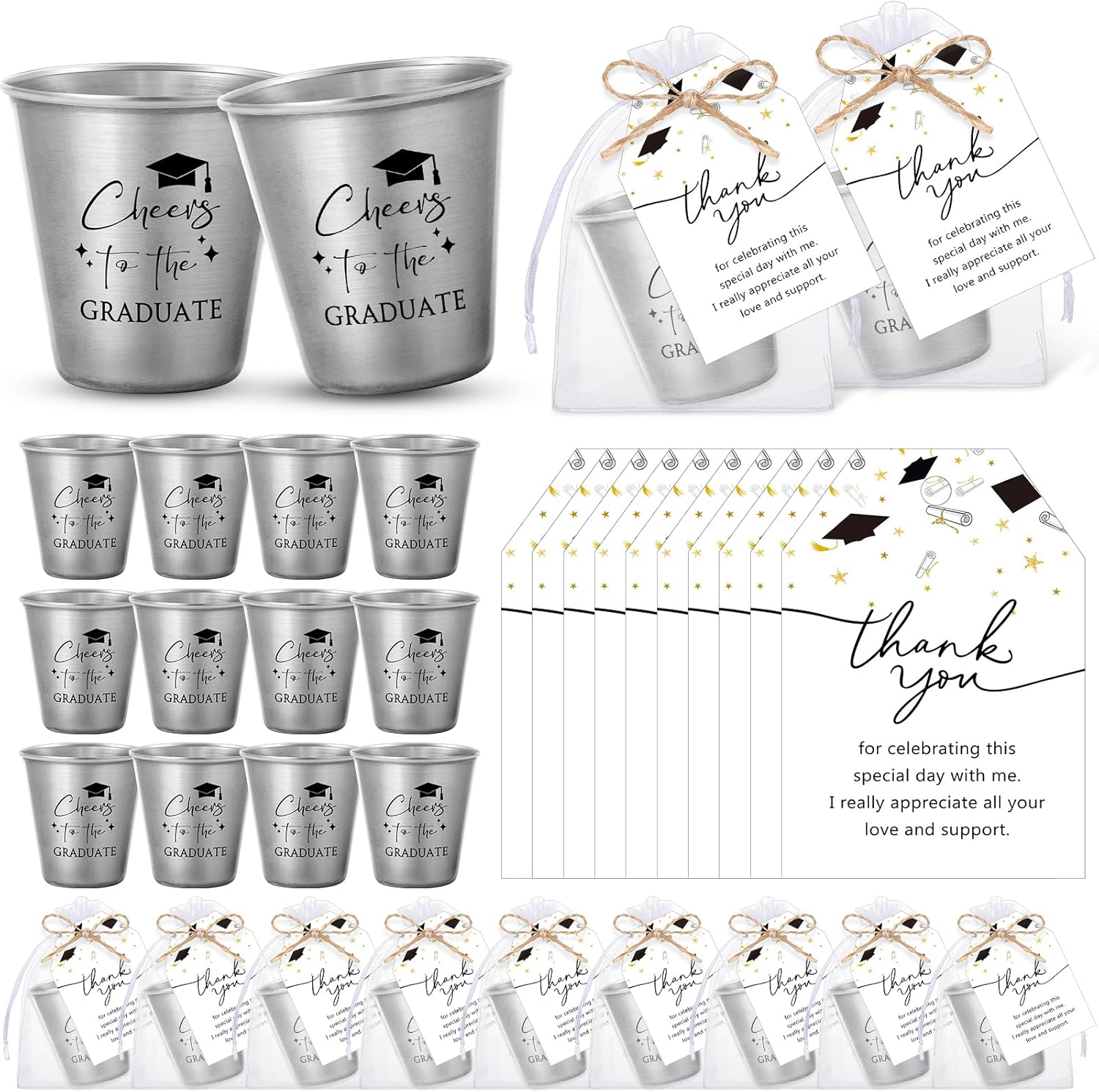 Maxcheck 50 Sets Class of 2026 Graduation Party Favors Stainless Steel Shot Glasses Bulk with Thank You Cards and Gift Bags Grad Gifts for College High School Guests Classmates Teachers Family(Black)