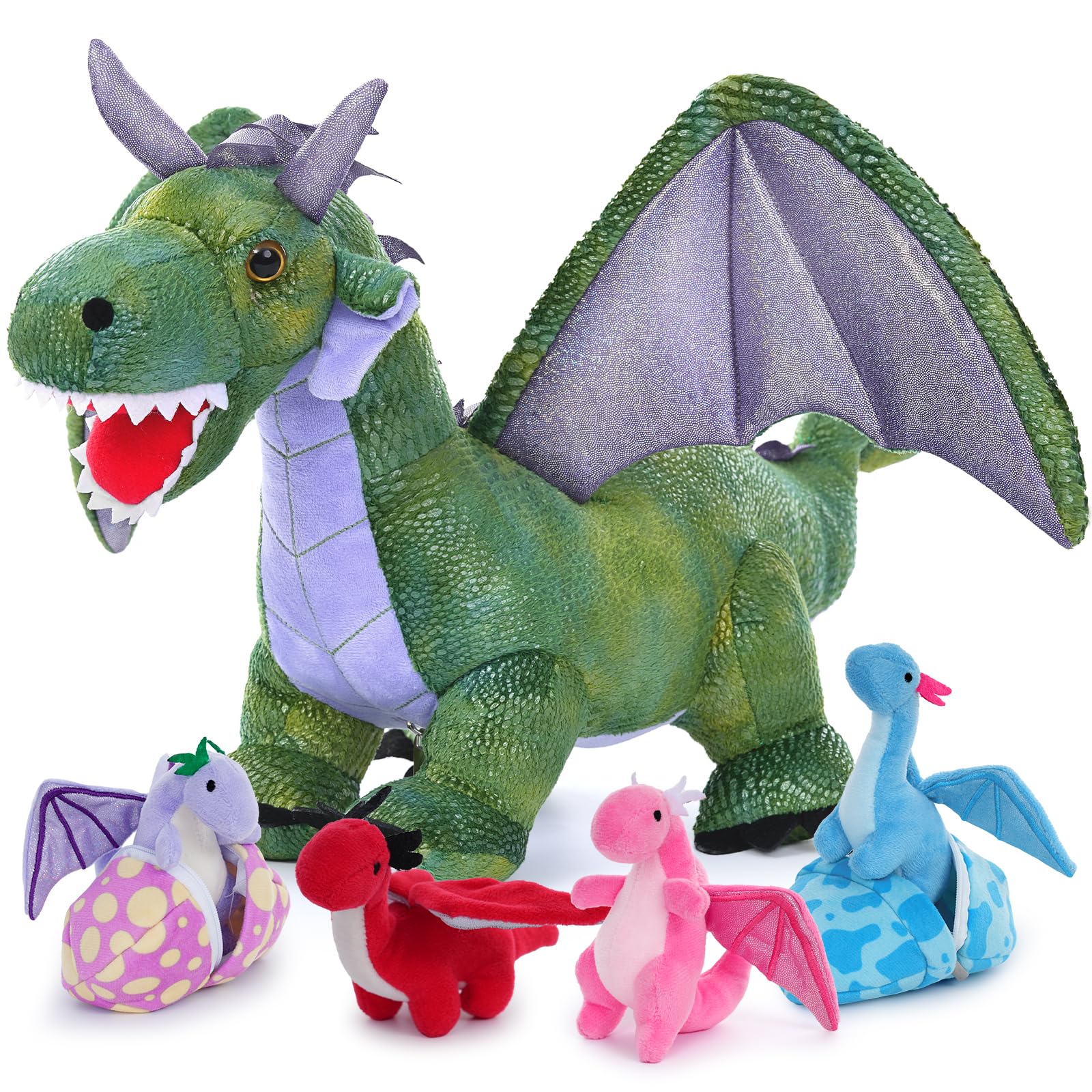 MorisMos 55cm/22in Dragon Teddy Soft Toy with 4 Babies & 2 Eggs inside, Lifelike Dragons Plush Stuffed Animal, for Kids Boys Children Birthday Party Decoration Purple Green