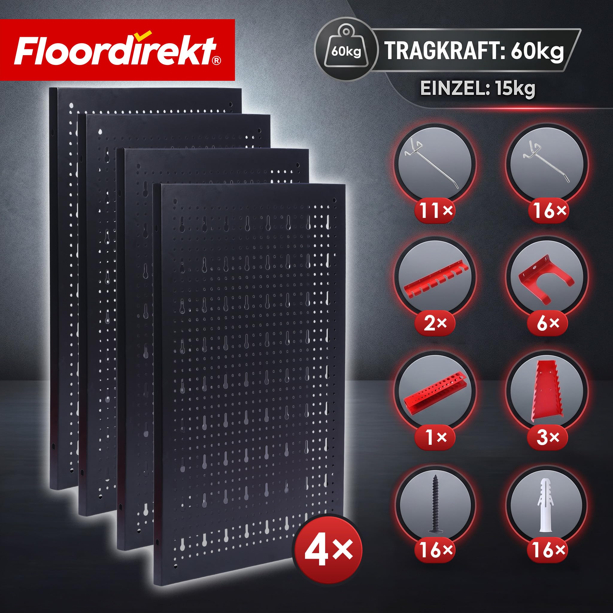 Floordirekt Werkzeug Lochwand aus Metall 160x60 cm Werkzeugwand Lochplatte - 4 Platten Set, für Werkbank, Garage, Werkstatteinrichtung