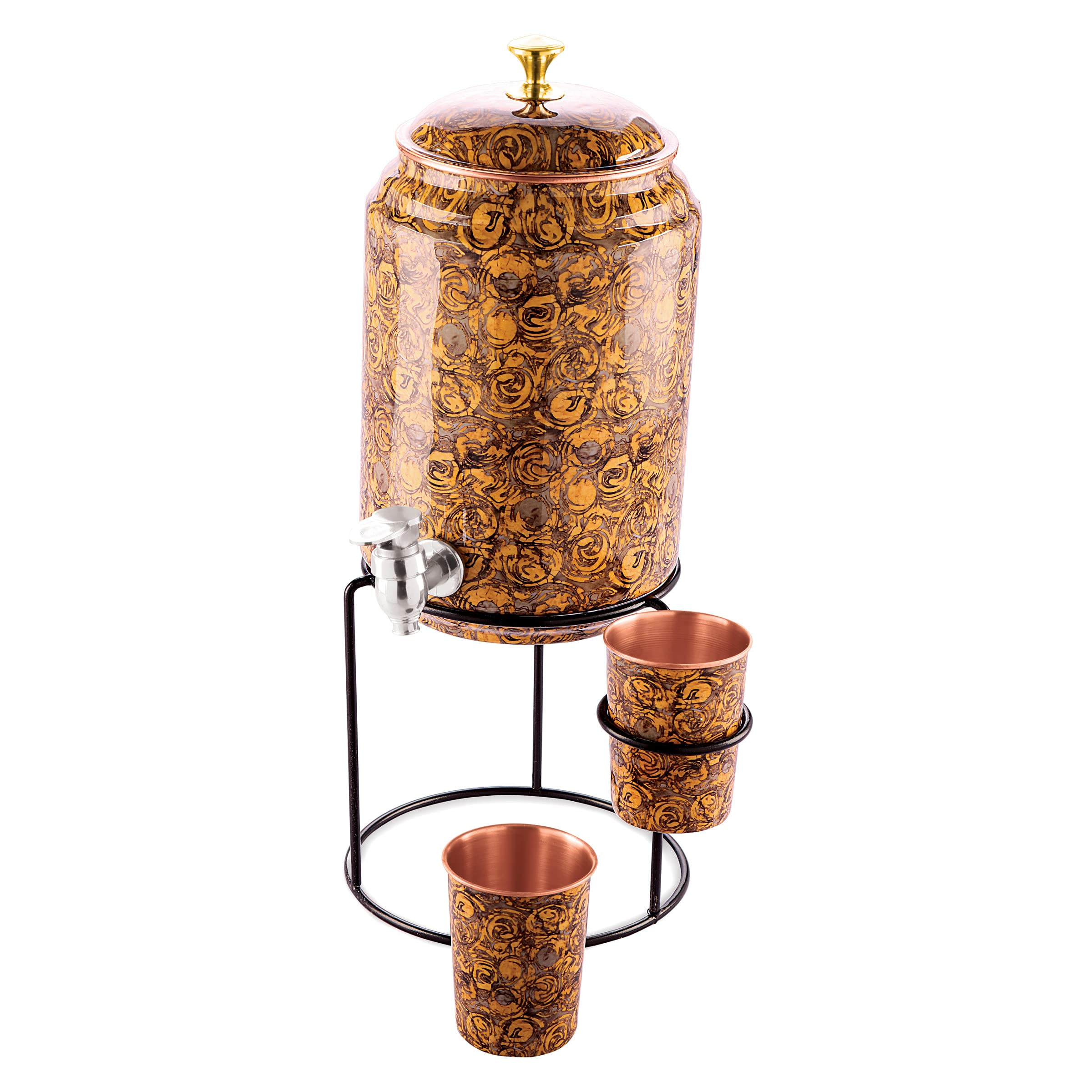 Attro Shagun Paisley Designer Copper Water Dispenser (Matka) with 2 Copper Glass and Iron Stand,5 Liter,Copper