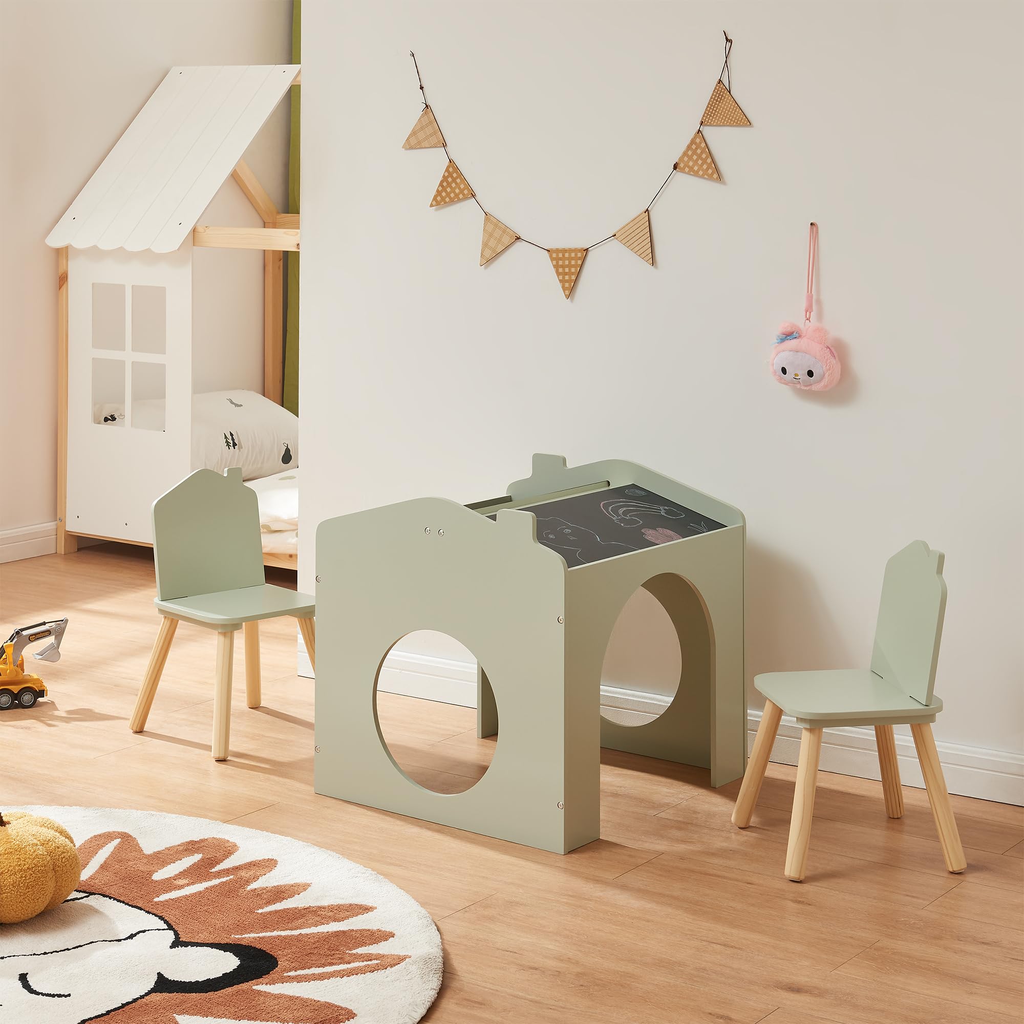 [en.casa] Set Tavolo e Sedie per Bambini Tavolino a Forma di Casetta con Lavagne Inclinate Arredo Creativo Mobili per Cameretta a Misura di Bimbi - Menta Verde