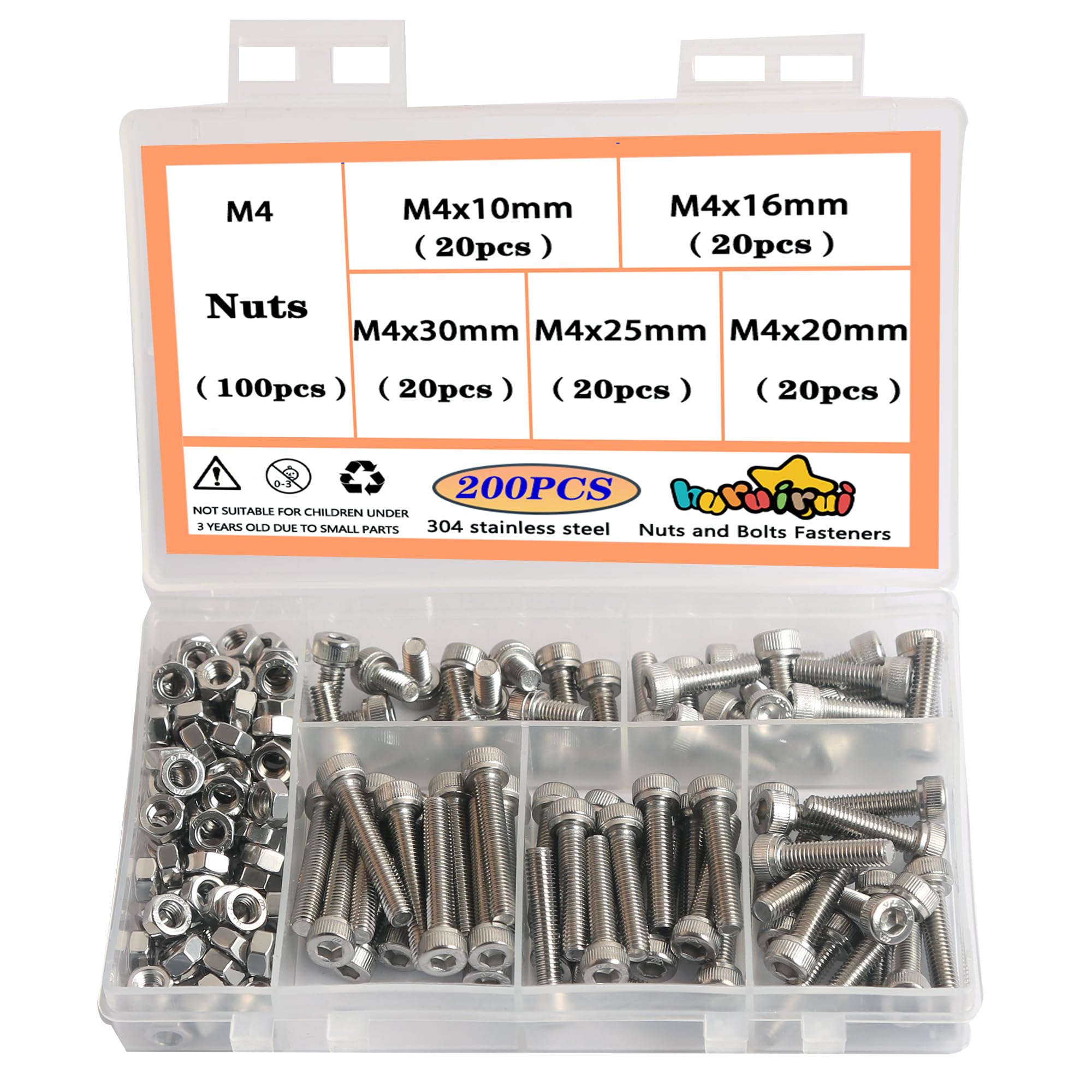 M4 Hex Socket Head Cap Screws - 304 Stainless Steel Bolts and Nuts Set - Rustproof,Nuts and Bolts for Car and Boat Accessories Machine Screw 200pcs
