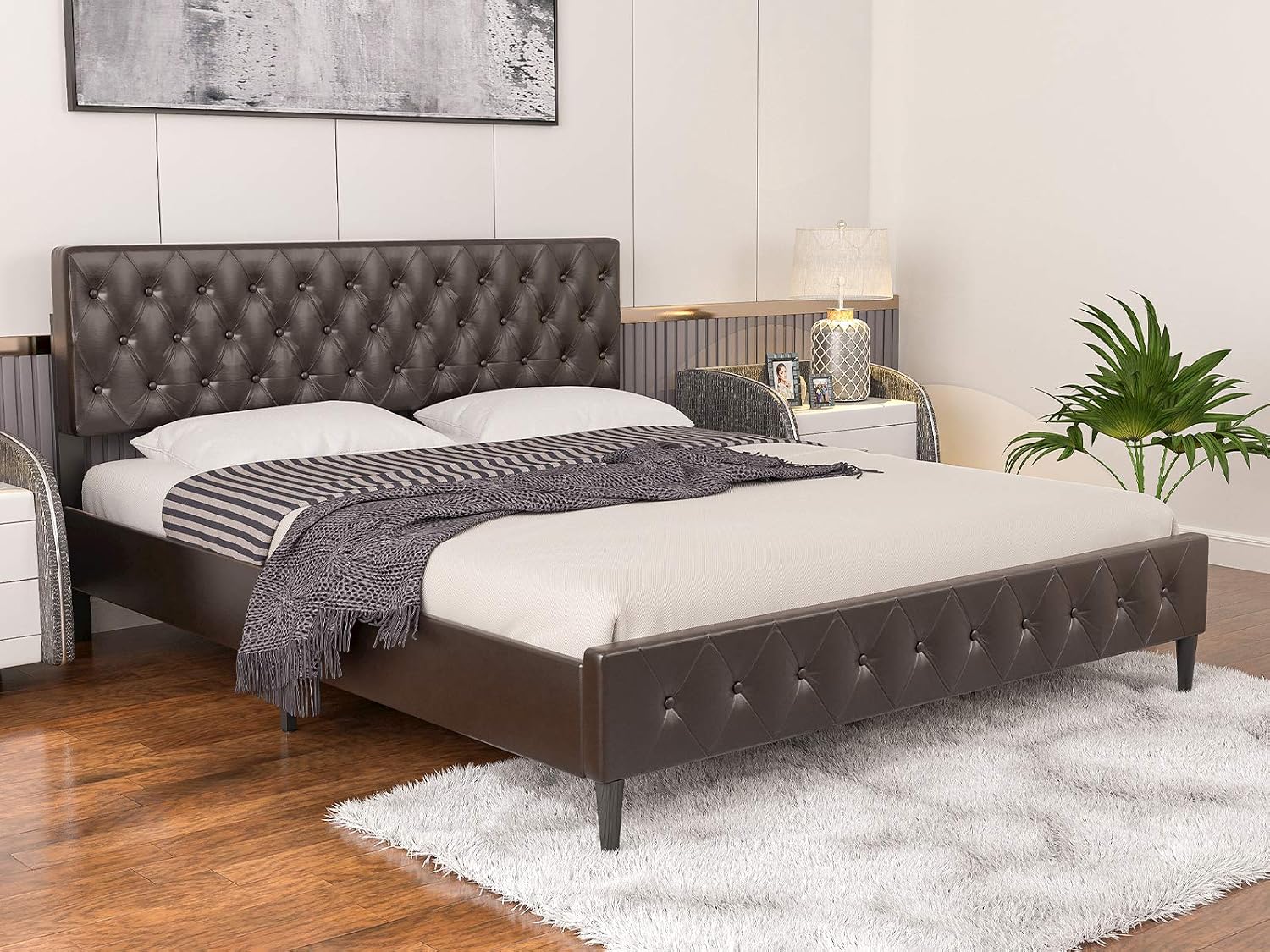 mecor Brown Full Size Upholstered Faux Leather Platform Bed Frame, Adjustable Button Tufted Headboard, Wooden Slat Support - Easy Assembly - No Box Spring Needed（Brown, Full）