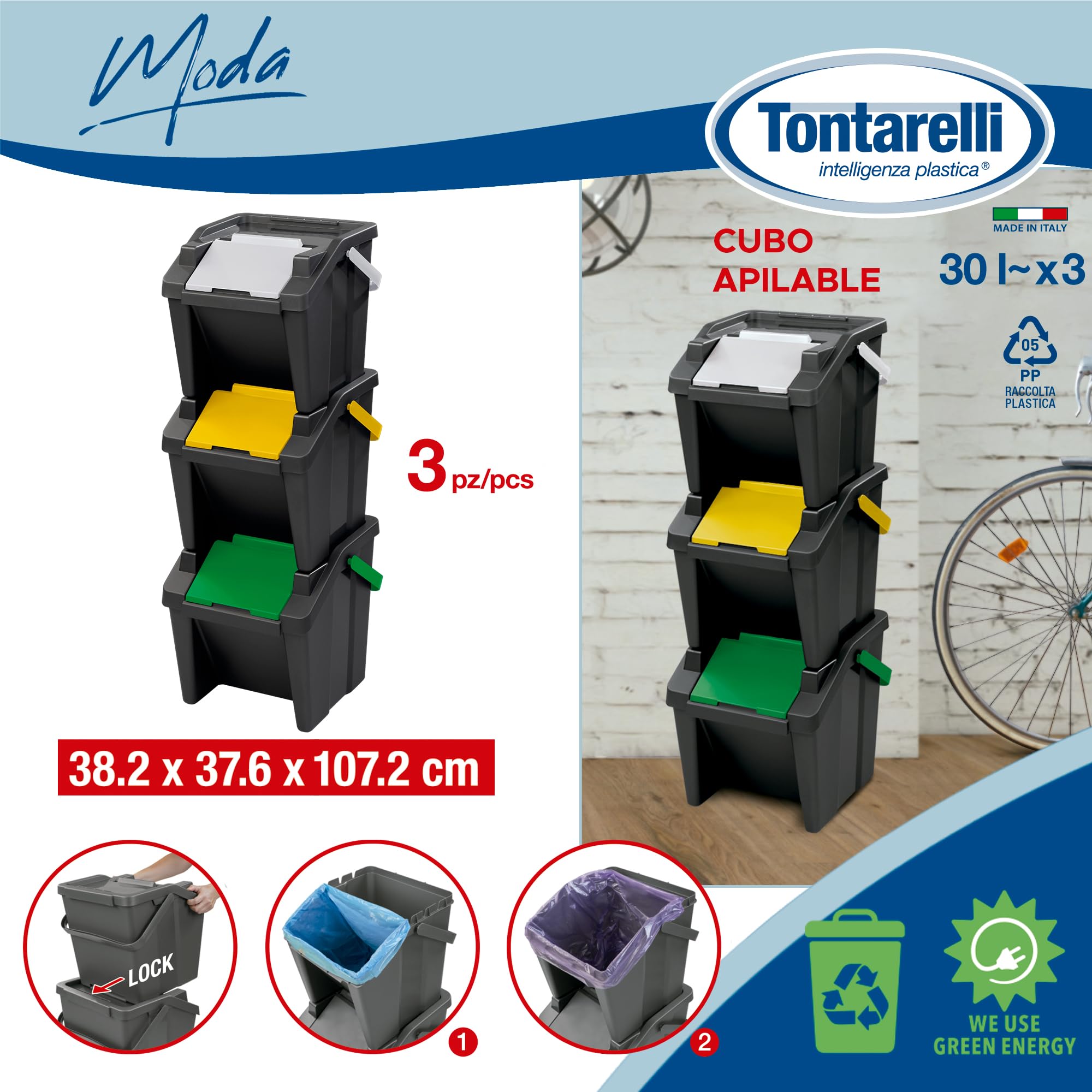 Tontarelli - Set mit 3 stapelbaren Abfalleimern MODA 30L mit Griff
