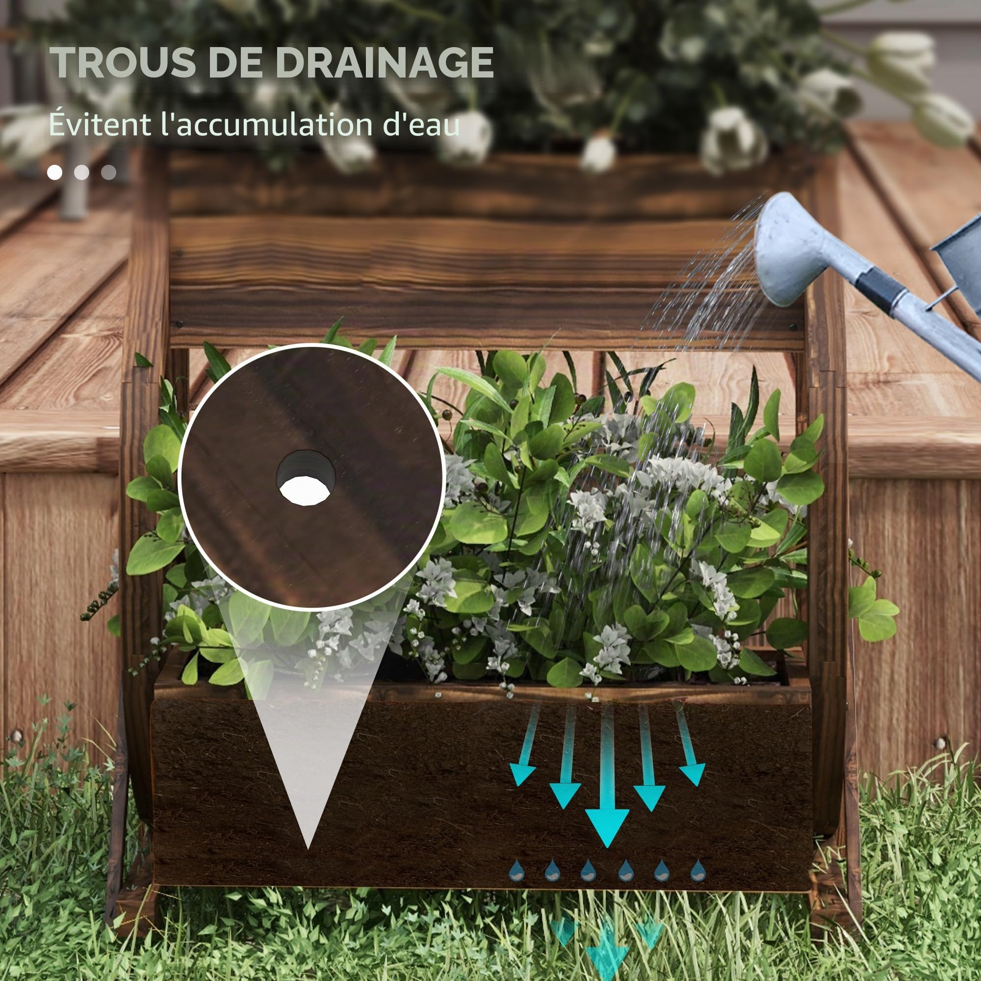 Outsunny Jardinière en Bois à 2 Niveaux pour l'extérieur, Potager surélevé avec 2 Pots et Roues de Chariot de Style campagnard, 55x32x56cm