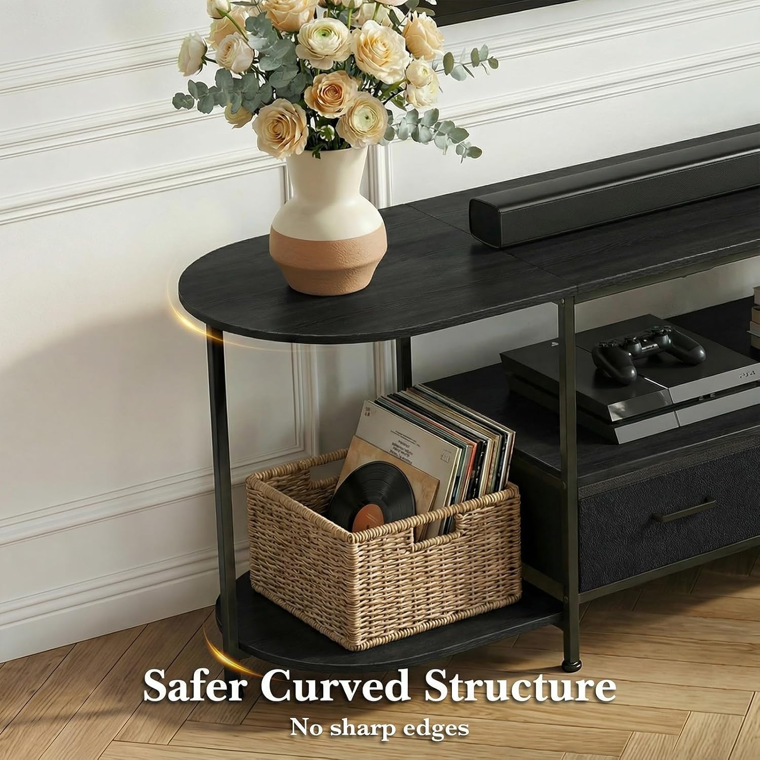 63" TV Stand for TVs up to 75 Inches, Curved Edge Media Console & Entertainment Center with 2 Fabric Drawers, Modern TV Console Table for Living Room or Bedroom, Black