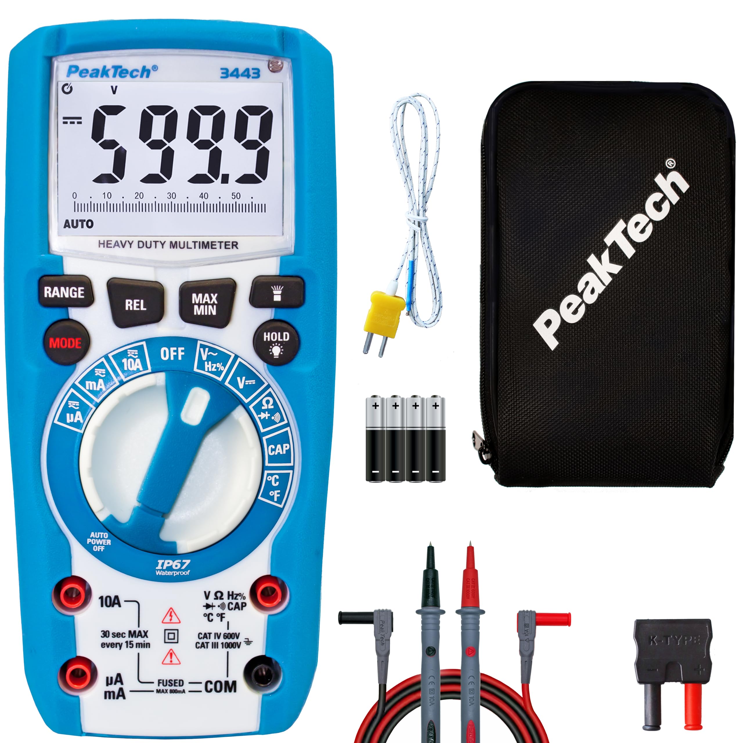 PeakTech 3443 – Multimetro digitale con illuminazione a LED, Impermeabile (IP67), 6000 conteggi, Custodia estremamente robusta, Multimetro tascabile, Voltmetro, Tester di continuità - CAT III 1000V