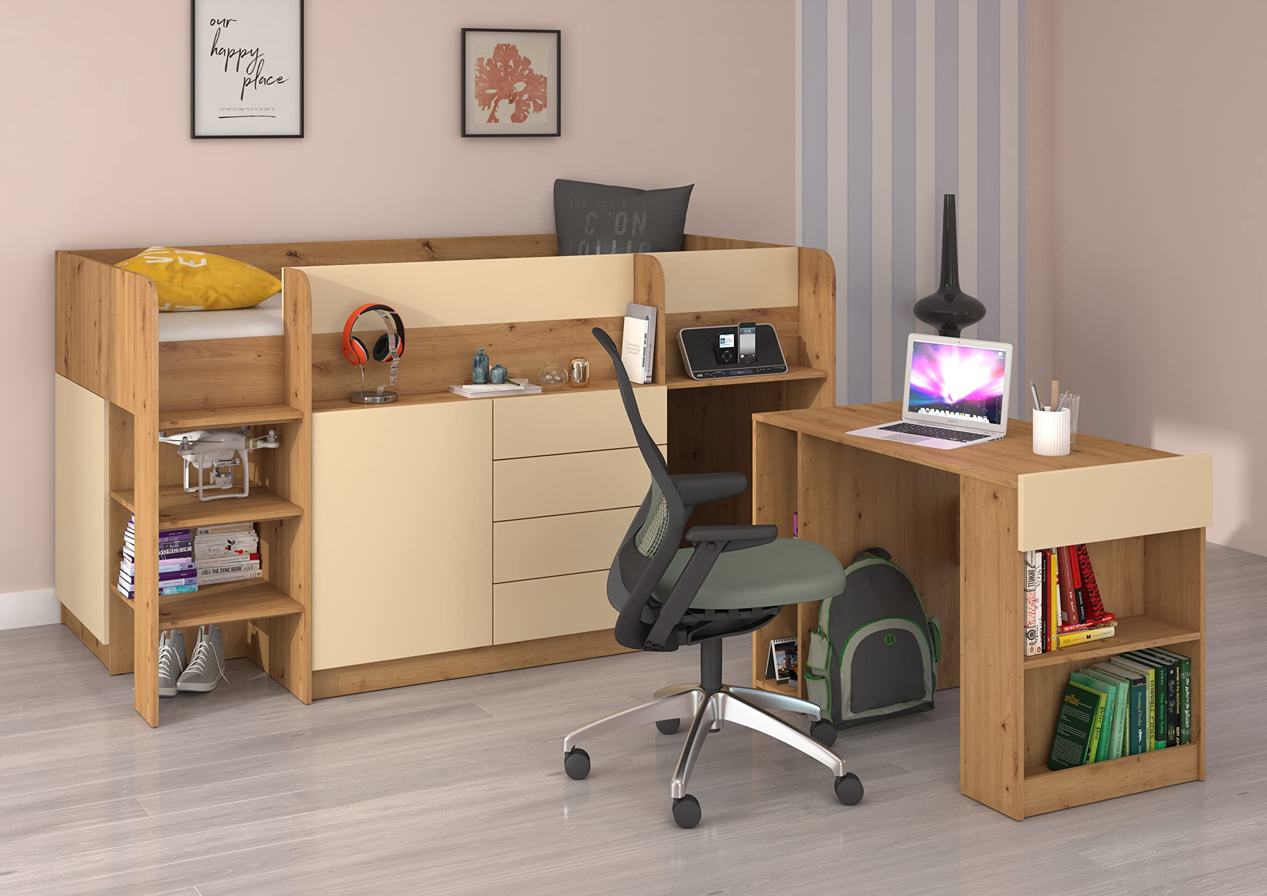 BIM Furniture Lit superposé Smile L - Meubles pour enfant - Ensemble de meubles pour une chambre d'enfant - Un lit avec bureau, étagères, tiroirs : côté gauche (chêne artisanal/crème)