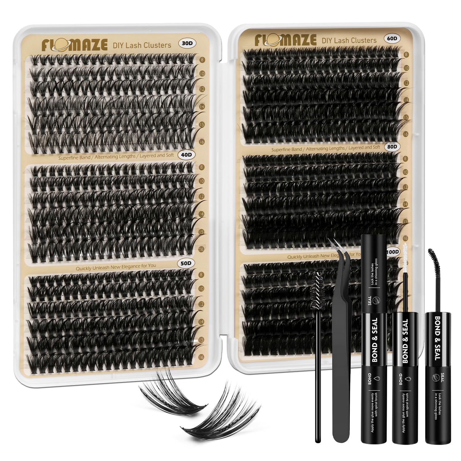 FLOMAZE Lash Clusters Kit 30D-100D Individual Lashes Kit 708 pcs Lash Clusters Eyelash Extension Kit 0 07mm Thickness