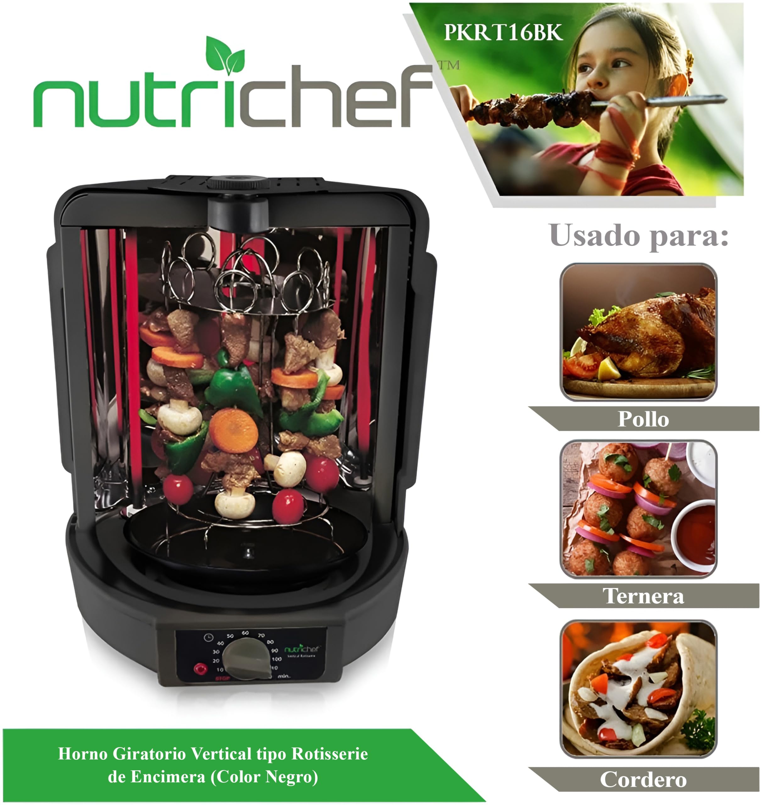NutriChef Horno Giratorio Vertical de Sobremesa 700W Parrilla Eléctrica Rotativa para Pollo Kebab Shawarma
