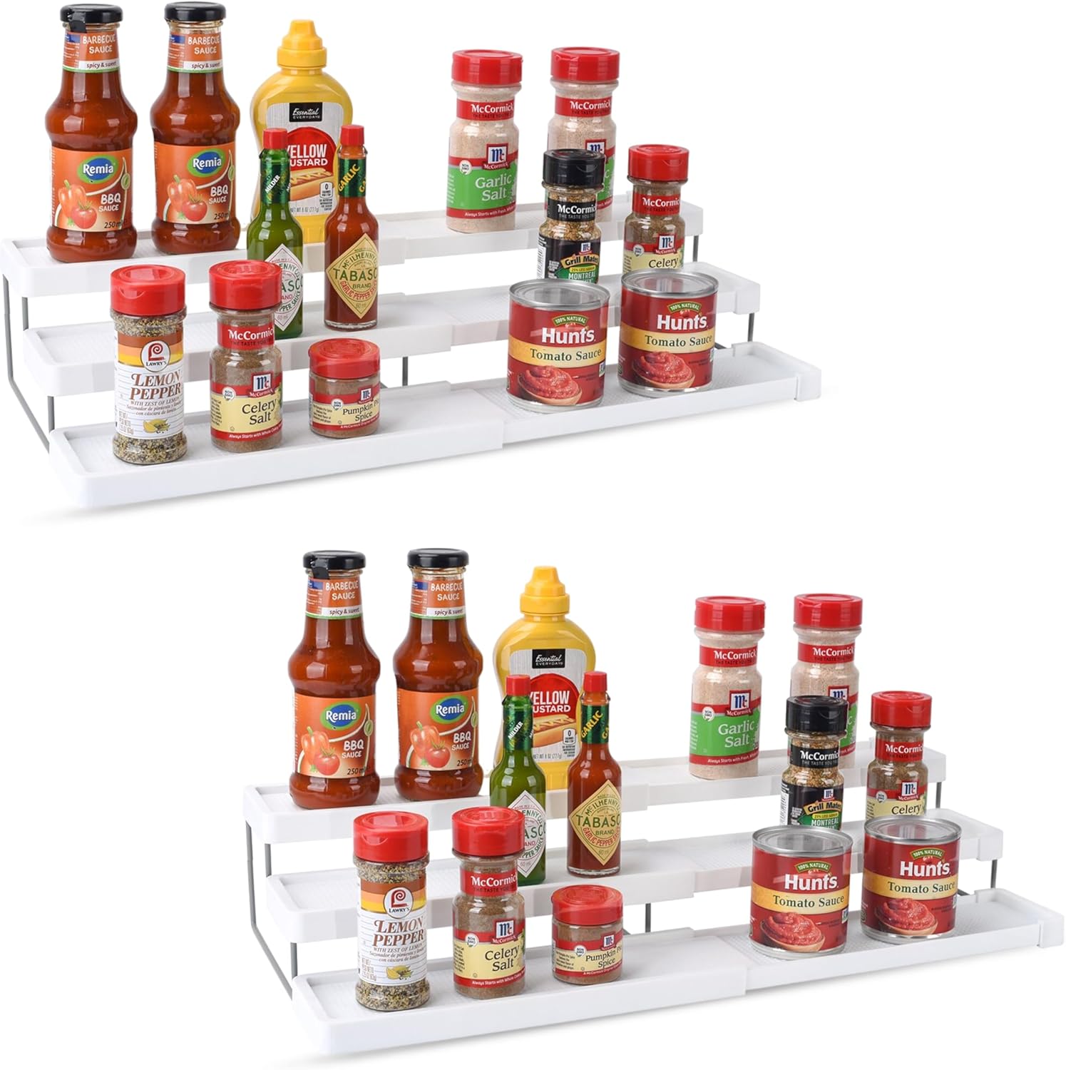 Set of Two - 3 Tier Spice Rack Organizer - Expandable 3-Level Spice Organization for Cabinet, Pantry, Kitchen Countertop - Adjustable Length with Sturdy Metal Frame - White
