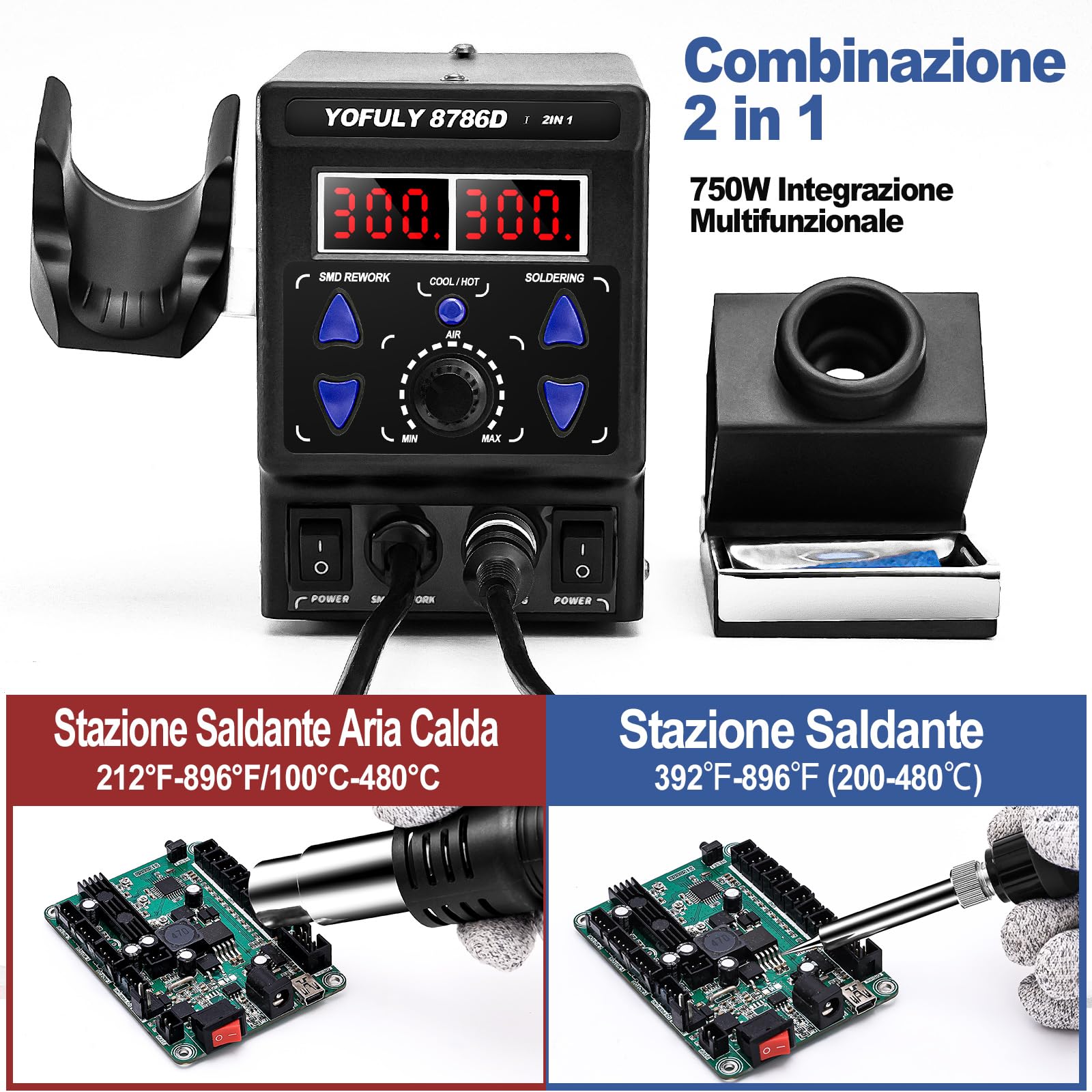 Yofuly 750W Estación de Soldadura, 2 EN 1 Soldadura y Retrabajo de Aire Caliente SMD 8786D Soldering Station Soldador de Estaño Profesional Ajustable 392°F-896°F (EU)