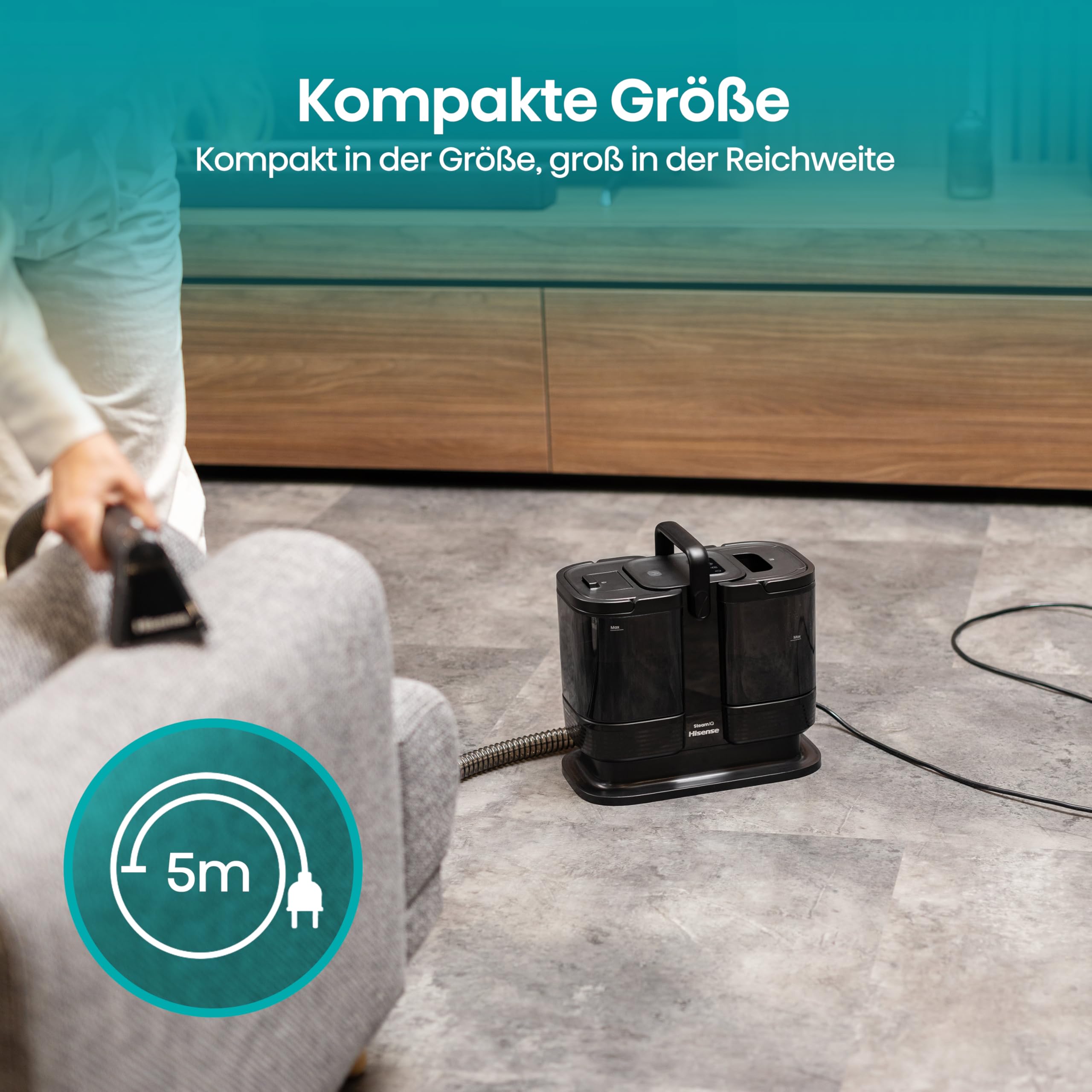Hisense HSSC007A Dampfreiniger/ 1,8 L Wassertank/ 1500 W/ 2 in 1 Flecken- und Dampfreiniger/ 4 Reinigungsmodi/Kompakt/Selbstreinigungsfunktion/Fugenbürste, Detaildüse, Schaber und Universalbürste
