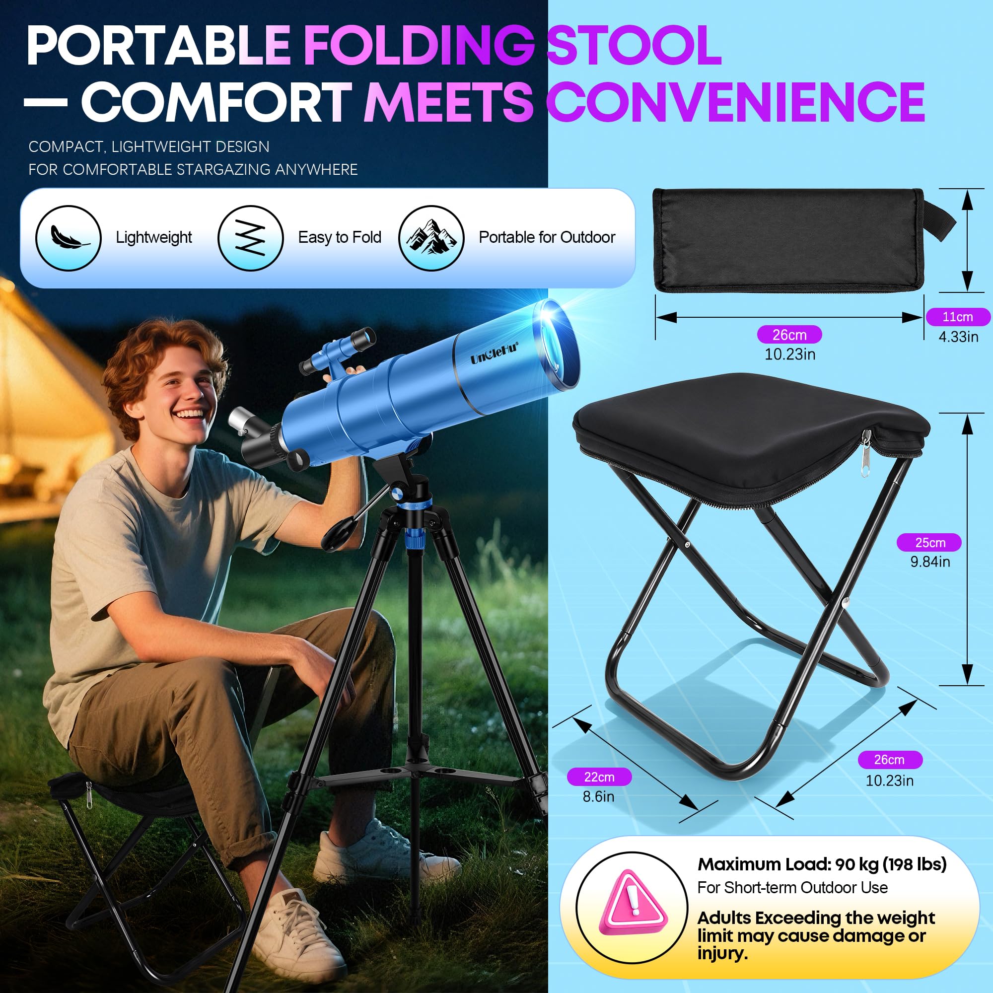 UncleHu Telescopio Astronomico Per Adulti E Bambini Principianti, 22X-165X, Telescopio Riffrattore Astronomico 90/550mm Con Sgabello Pieghevole&Treppiede&Adattatore Per Smartphone E Borsa Da Trasporto