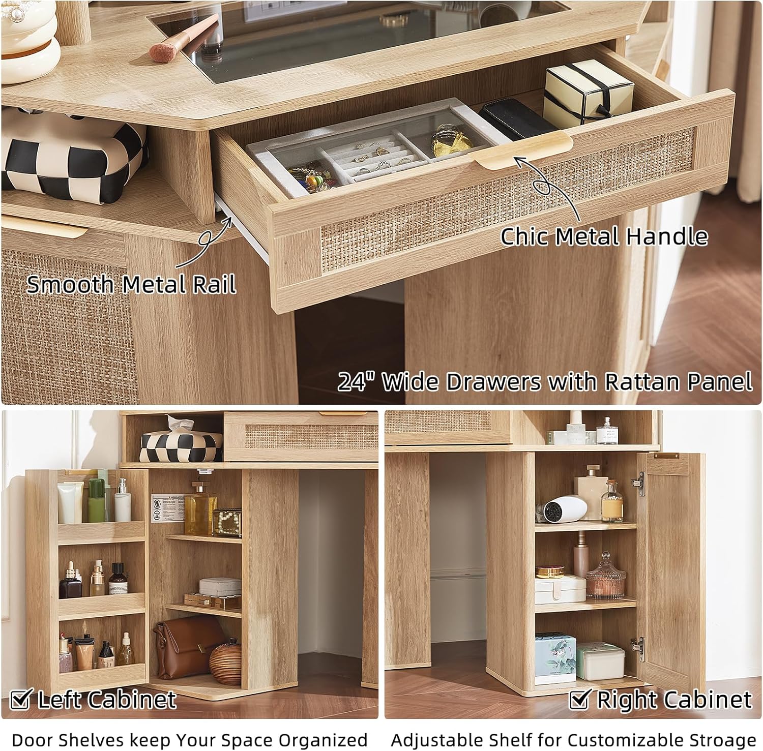 Detailed view of the vanity's drawers with rattan panels and metal handles, along with the interior of the side cabinets showing adjustable shelves and door storage.
