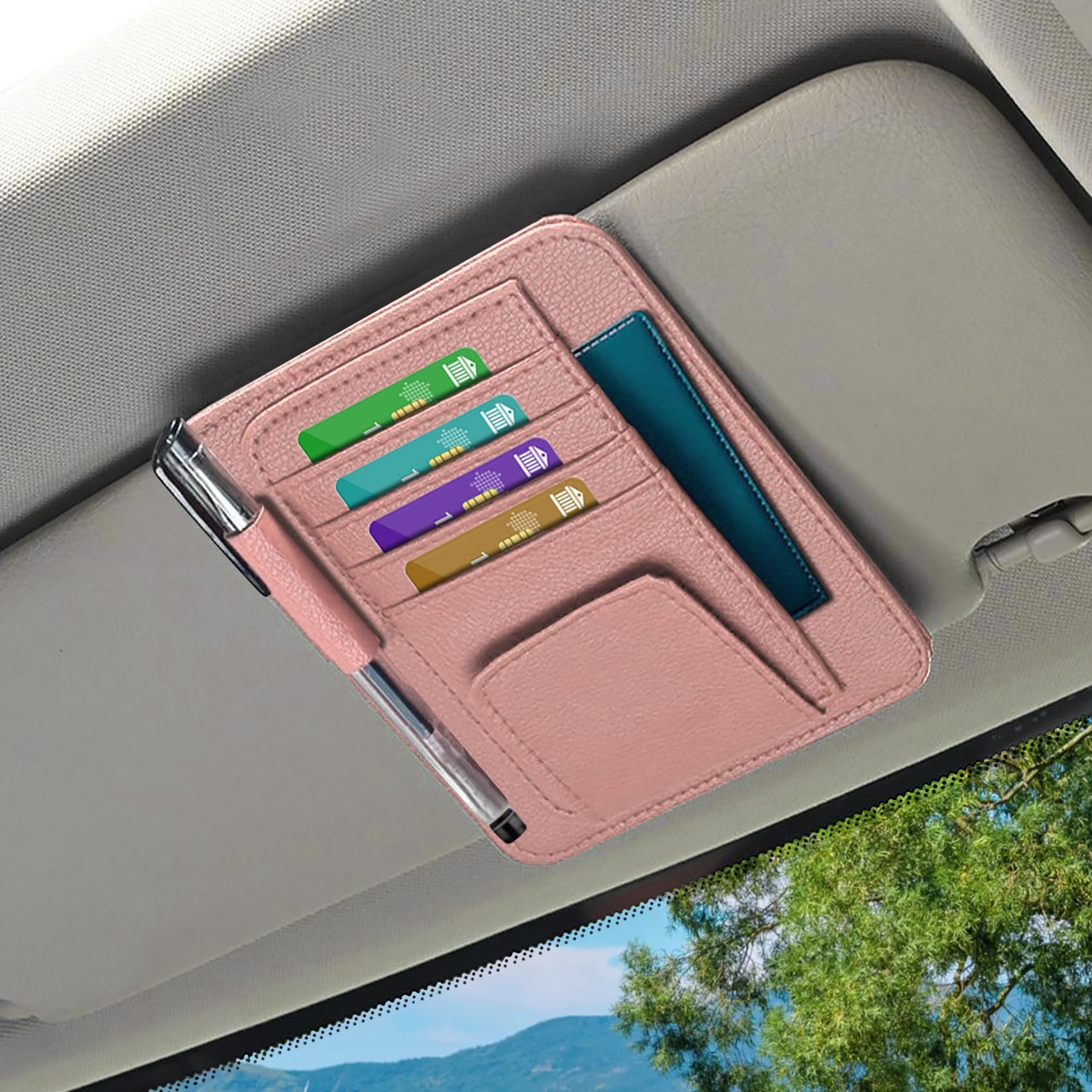 deemars Organizador de la Visera del Sol del Coche, Organizador de Bolsillo de la Manga de la Tarjeta de Coche, Accesorios Interiores del Coche Sunvisor Organizadores Universal (Rosa)