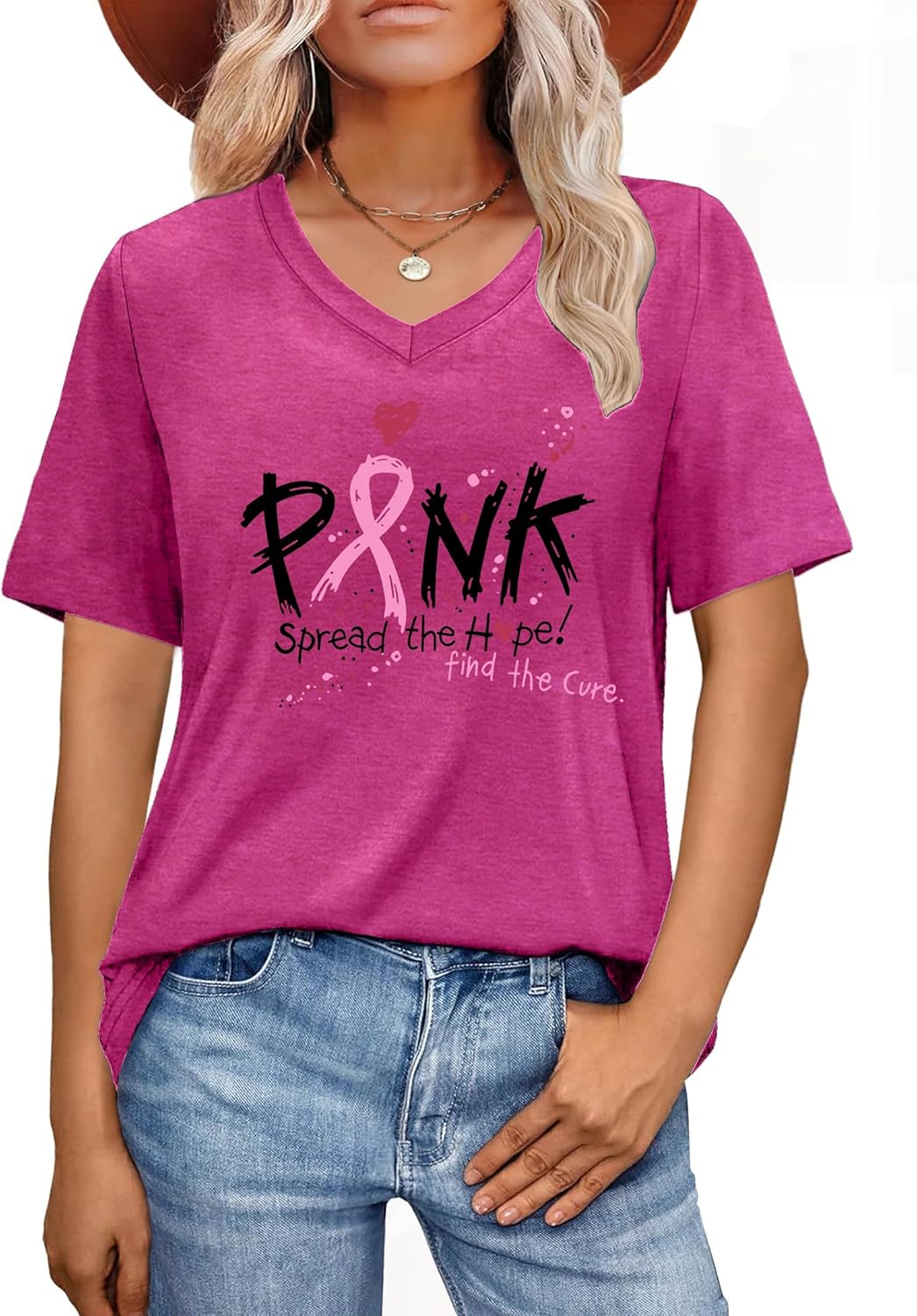 LAZYCHILD Breast Cancer Shirt Women Breast Cancer Awareness Pink Ribbon T-Shirt Cancer Survivor V-Neck Tops - Image 4