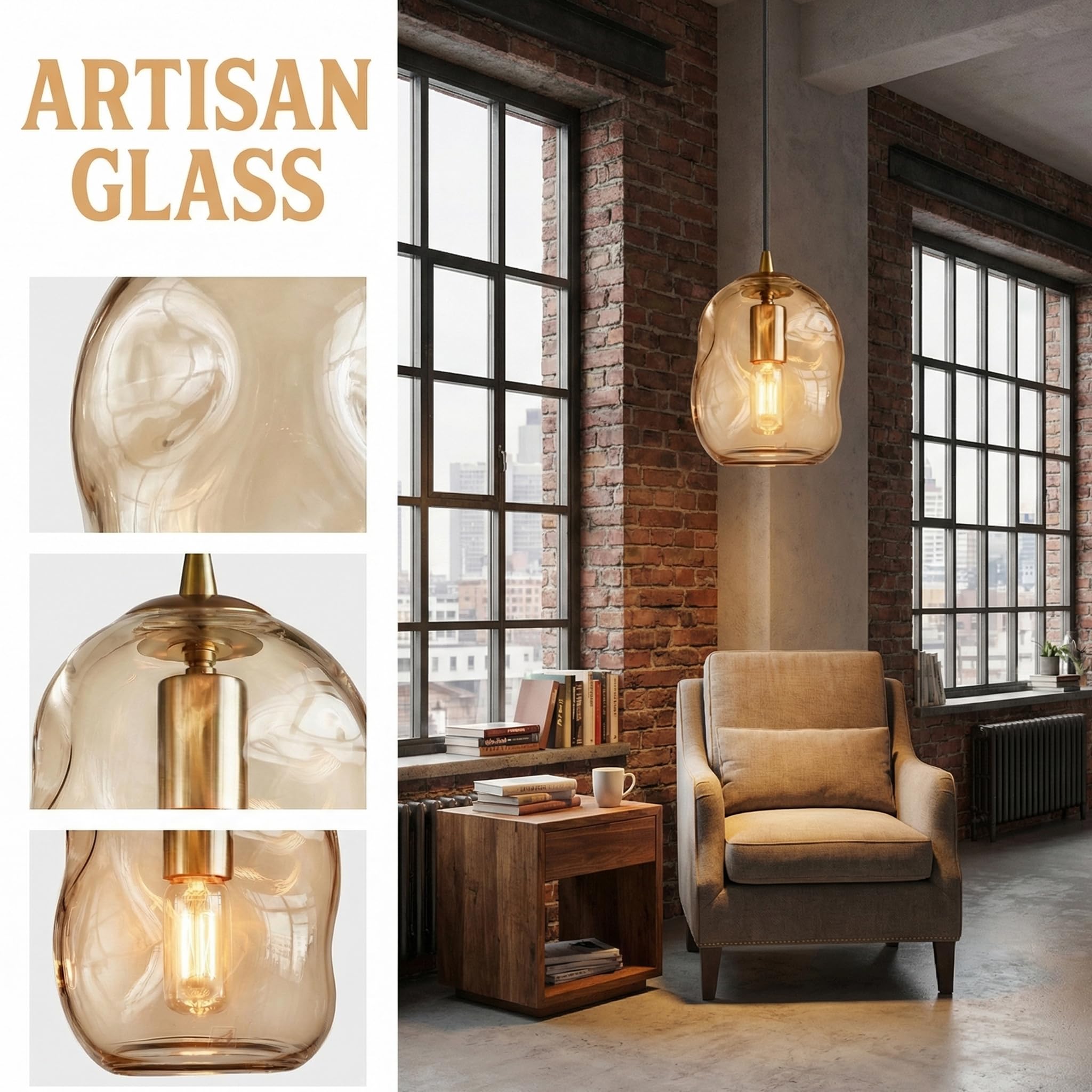 Suspensions en Verre Ambre Incurvé Vintage E27 Lampe Suspendue