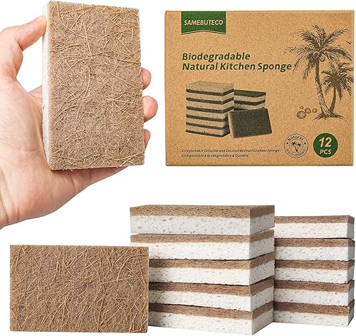 SAMEBUTECO Juego de 12 esponjas de cocina de celulosa natural y nuez de coco para cocinas espumosas, esponjas de platos para suciedad de cocina