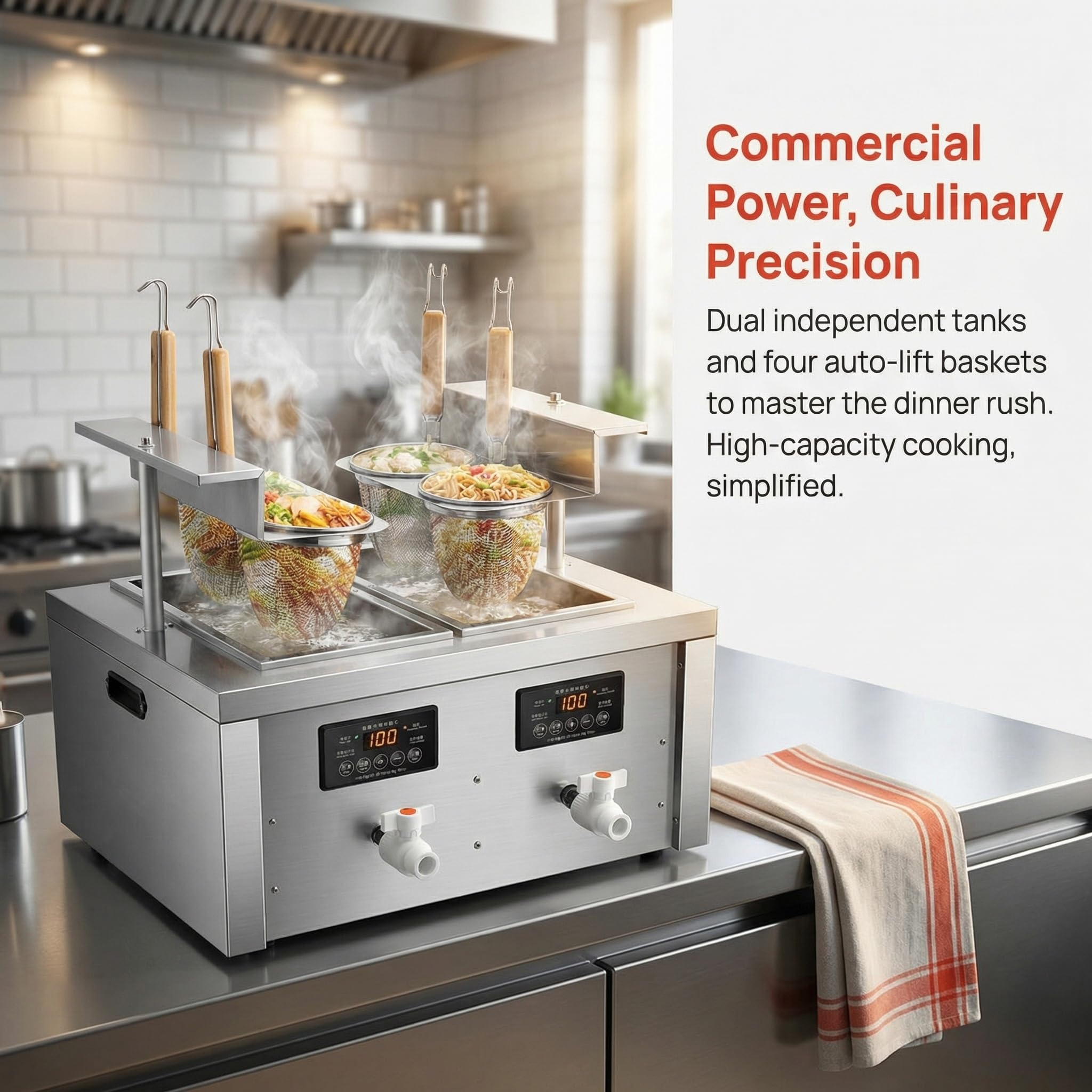 Cuocipapa Professionale con Sollevamento Automatico E Timer, Macchina per Pasta A Doppio Scolo per Spaghetti, Ramen, Maccheroni E Gnocchi - Bollitore Efficiente per Ristoranti