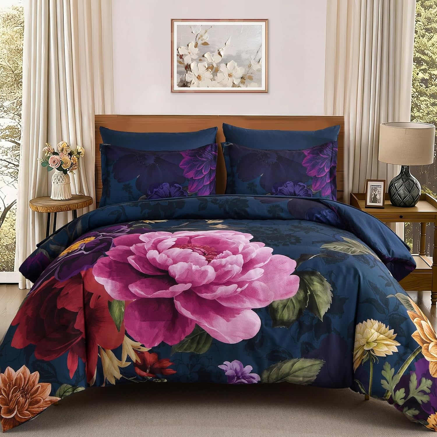WONGS BEDDING Blue Comforter Set Queen Size Floral, 7 Pieces Bed in a Bag Set, Navy Blue and Pink Flower Bedding Set, Soft Microfiber for All Season with Pillowcases & Shams,Sheets(90"×90")