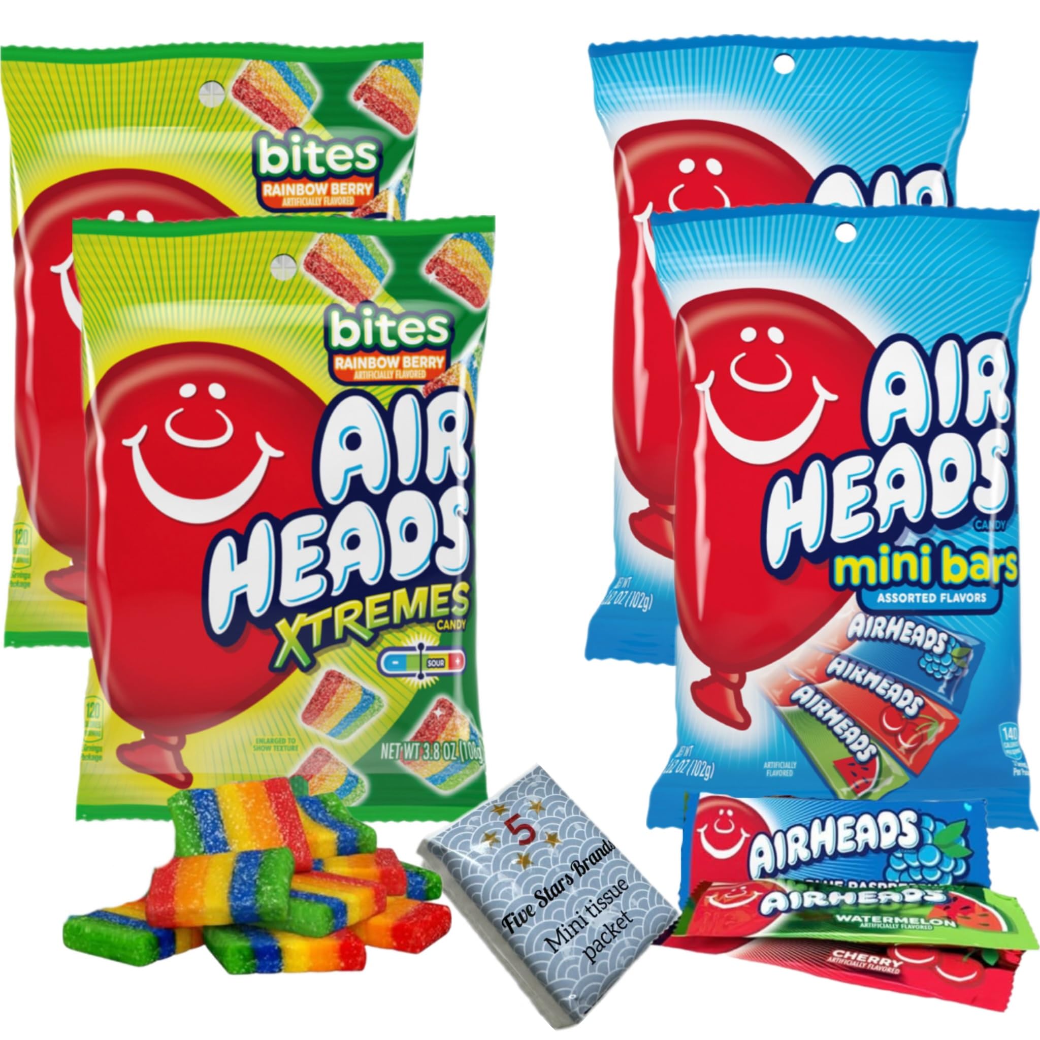 Air heads Fruit Flavored Candy Variety 4 Pack - 2 (3.8-oz) Bags of Xtremes Rainbow Berry Bites And 2 (3.62 oz) Bags of Assorted Mini Candy Bars Individually Wrapped | Bundle with 1 Bonus of Five Stars Brands Mini Tissues Pocket