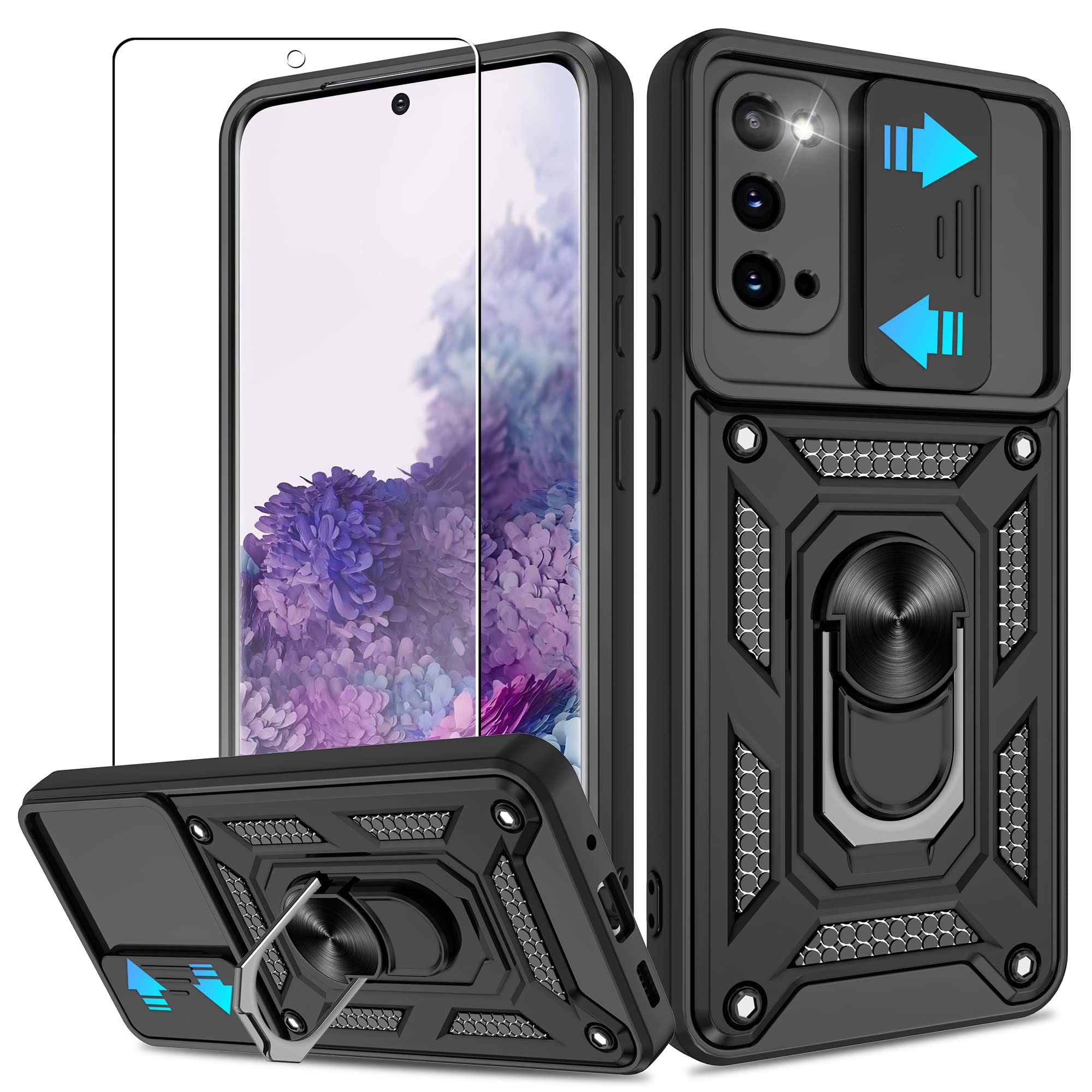 Atumpfor Galaxy S20 Case with HD Screen Protector, Heavy Duty Shockproof Samsung S20 5G Case with 360 ° Rotation Metal Kickstand [Military Grade] Protective Case for Samsung Galaxy S20, Black