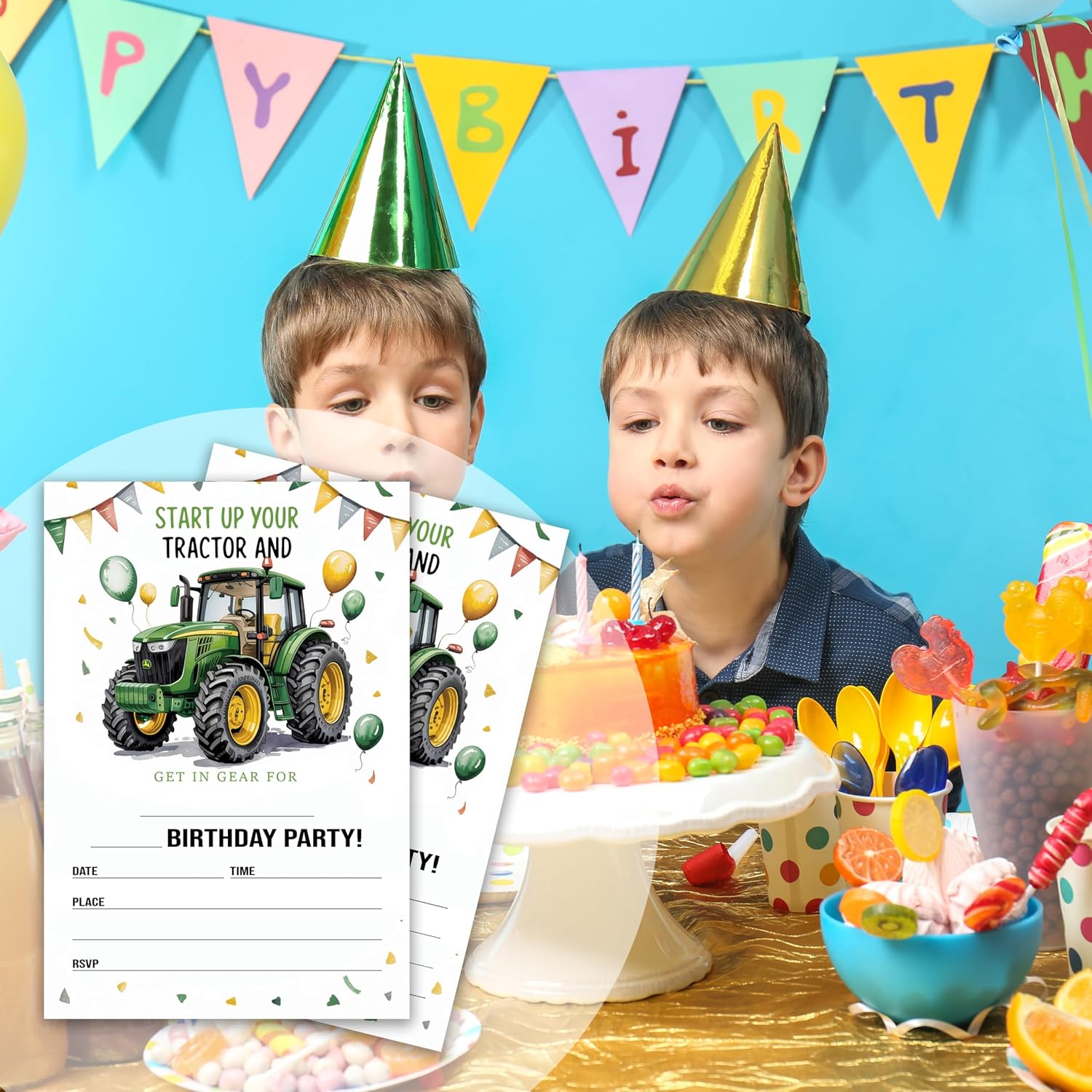 Start Up Your Tractor & Get In Gear - Tractor Themed Birthday Party Invitations for Boys, Girls, Kids - 20 Invitation Cards 4"x6" with 20 Envelopes - Tractor Birthday Party Invites.(157)
