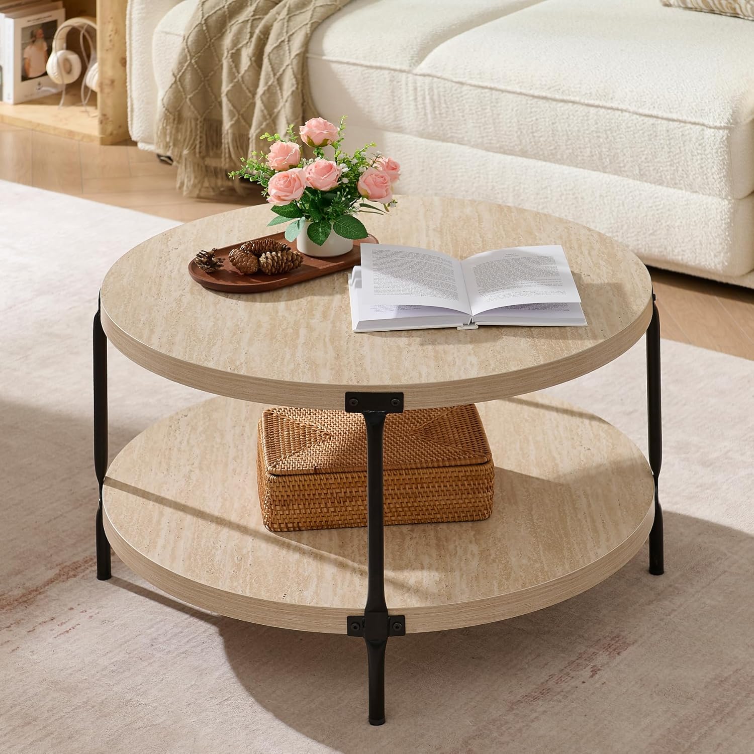 Round Boho Wood Coffee Table - 29.1" Farmhouse Natural Circle Wooden 2-Tier Coffee Tables Living Room Furniture, 29.1" D x 18.3" H, Warm Stone
