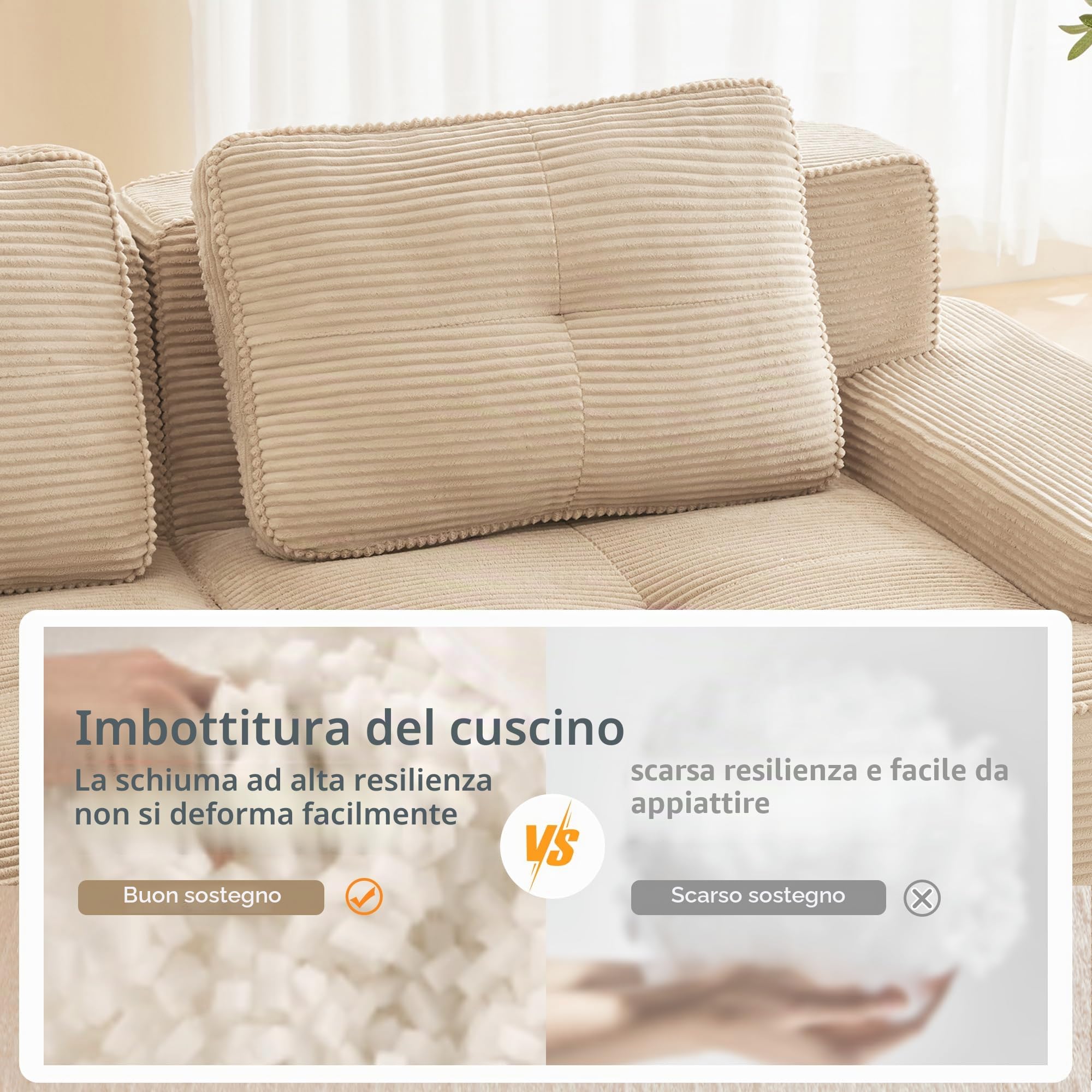 Divano modulare angolare a U,divano componibile Boneless 3 posti con 2 poggiapiedi,divano a compressione senza montaggio,divano con seduta profonda,divani Componibili 5 posti,velluto a coste,Beige