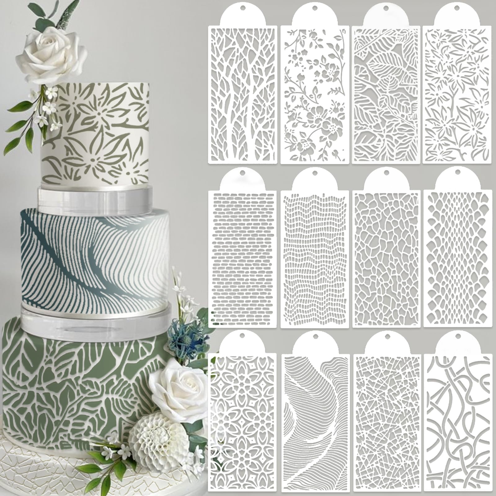 12 Pcs Cake Stencils Cake Templates Set Floral Leaf Linear Stripe Lace Irregular Geometry Wedding Icing Stencils Cake Molds Cookie Dessert Buttercream Decorating Baking Supplies Mesh Printing for Cake