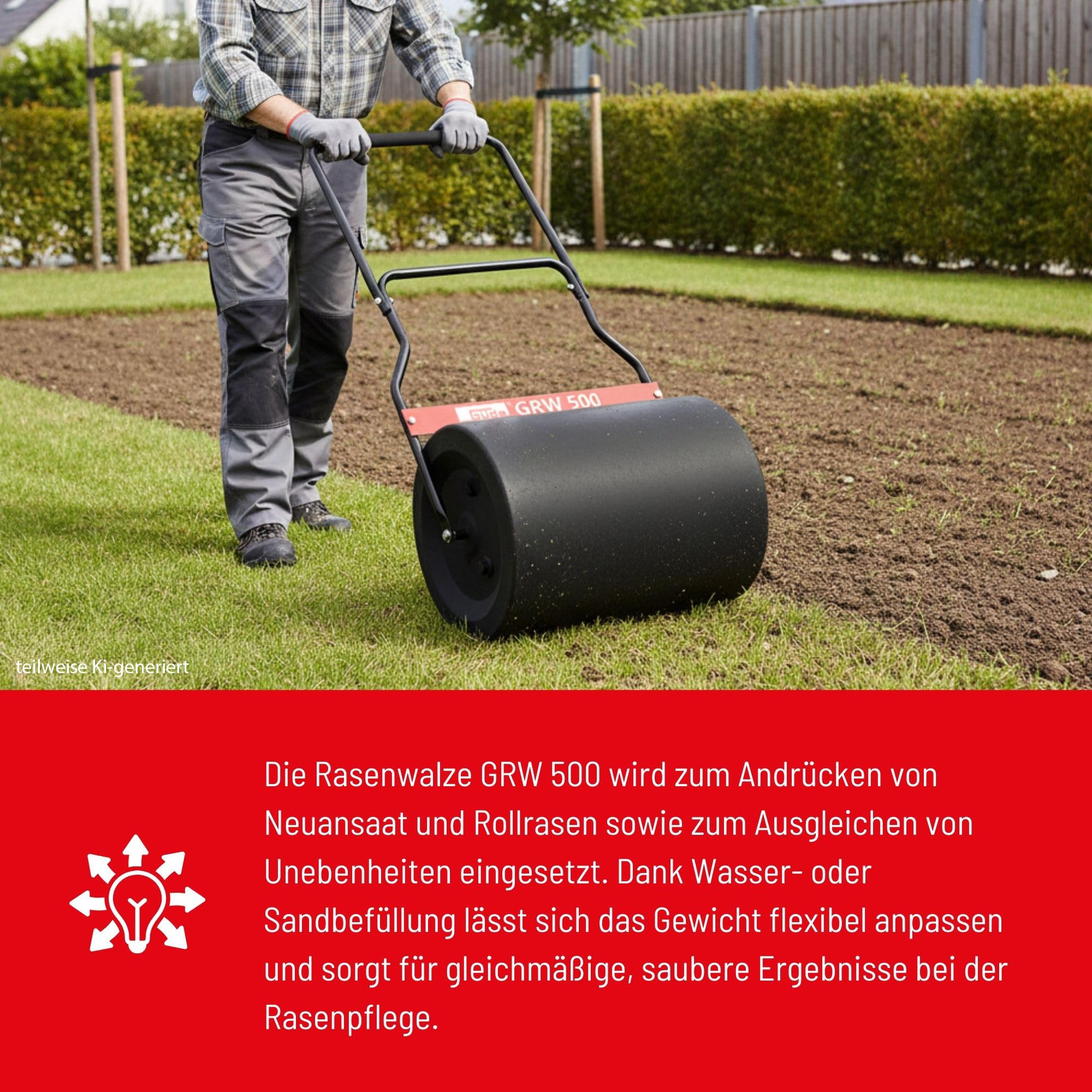 Güde GRW 500-62 Rasenwalze - 49,5 Zentimeter Arbeitsbreite, 40 Zentimeter Walzendurchmesser, 62 Liter Füllvolumen, robuster Metall-Korpus, Abstreifschiene, Softgriff, mit Wasser oder Sand befüllbar