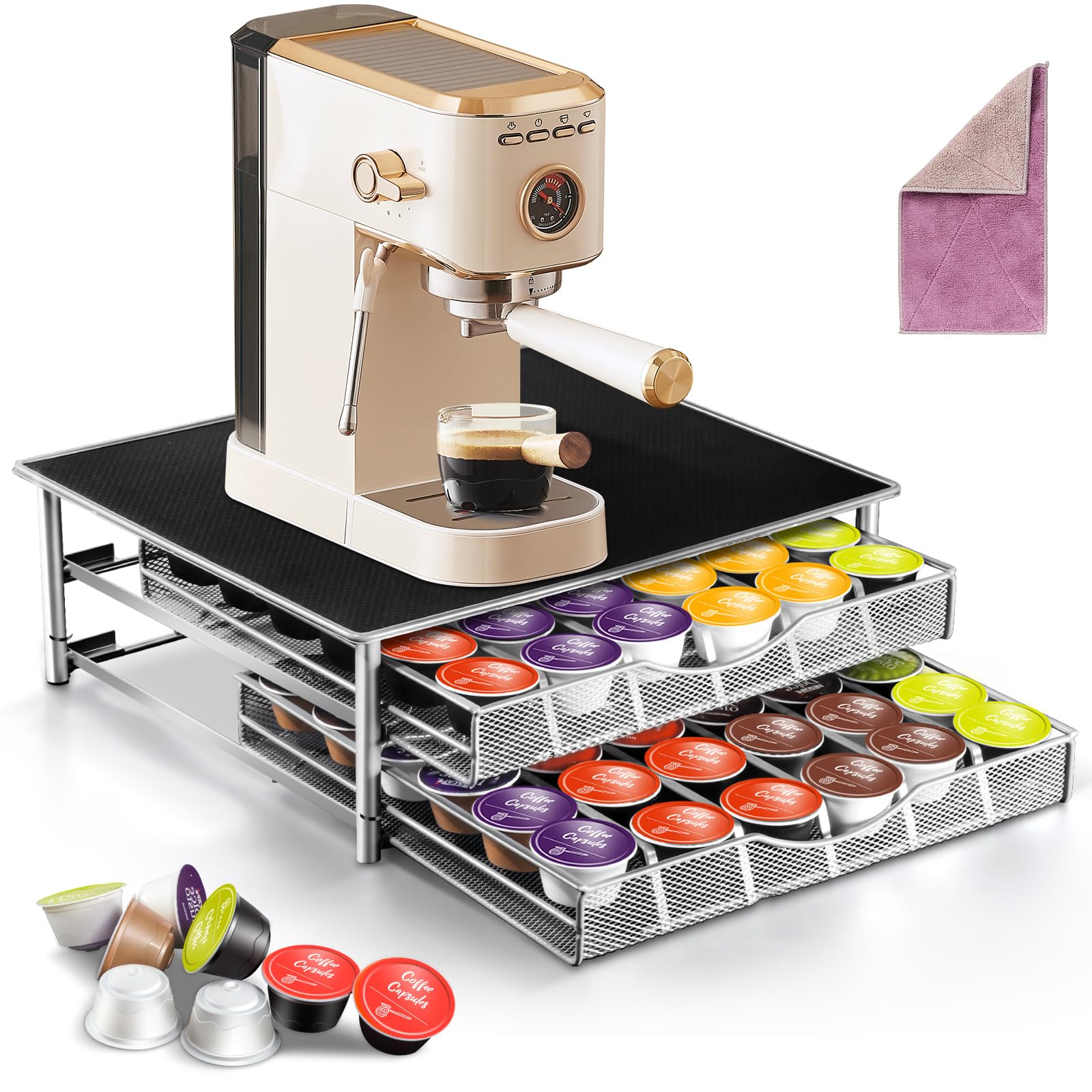 Myiosus koffiecapsulehouder, voor de Dolce Gusto-capsules, kan 72 capsules bevatten, 2-laags, koffiecapsule, opbergdoos met schuiflades, capsule dispenser, met roestvrij oppervlak, 1 doek