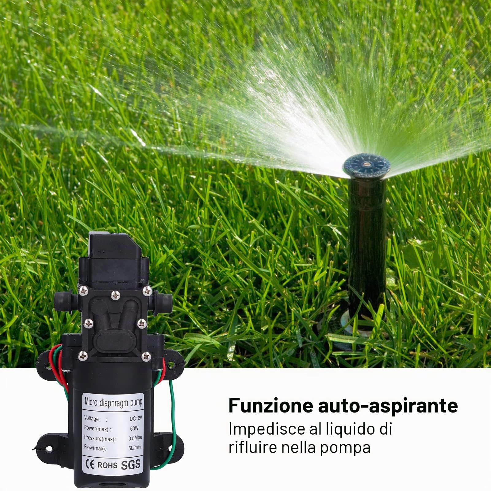 Pompa a Membrana 12V, 60W 5L/min 0.8Mpa Pompa Irroratrice Autoadescante a Flusso Grande con Arresto e Avvio Automatici, Pompa Booster per Irrigazione Giardino, Piscine