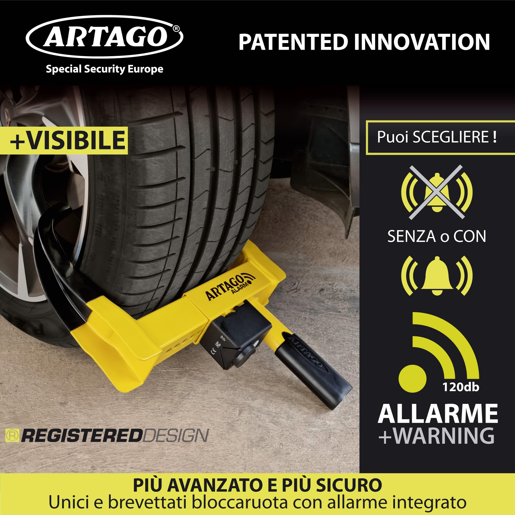 ARTAGO ART872 Il Blocca Ruota Più Sicuro e Deterrente, Antifurto Auto Rimorchio Camper 2in1, Senza/Con Allarme 120dB+LED Avviso Visibile Notte, Doppia Protezione Antiruggine Più Resistente, Universale