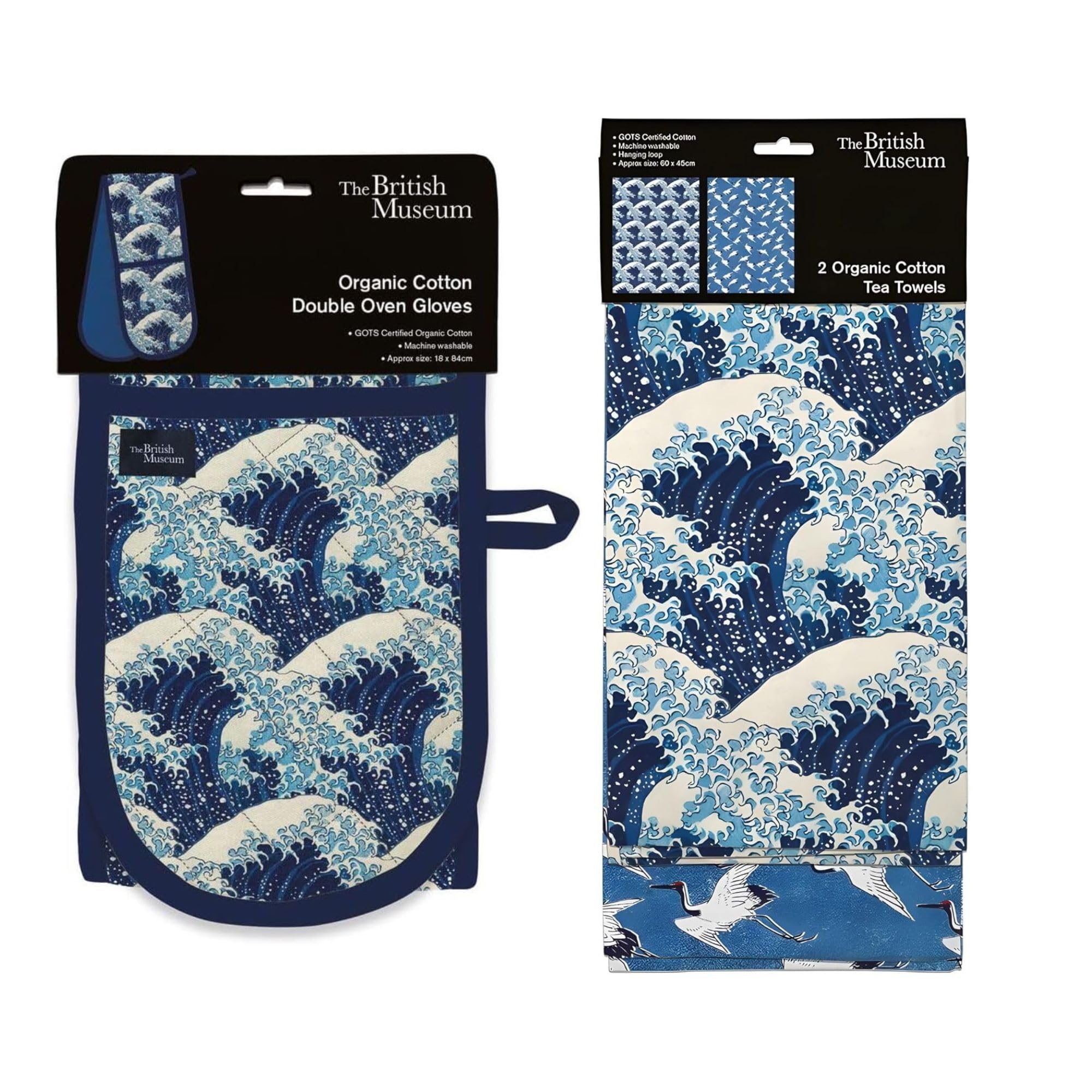 Museums & Galleries Double Oven Glove and Tea Towel Set - Organic Cotton - 'The Great Wave' - Artistic Japanese Design - Stylish Kitchenware