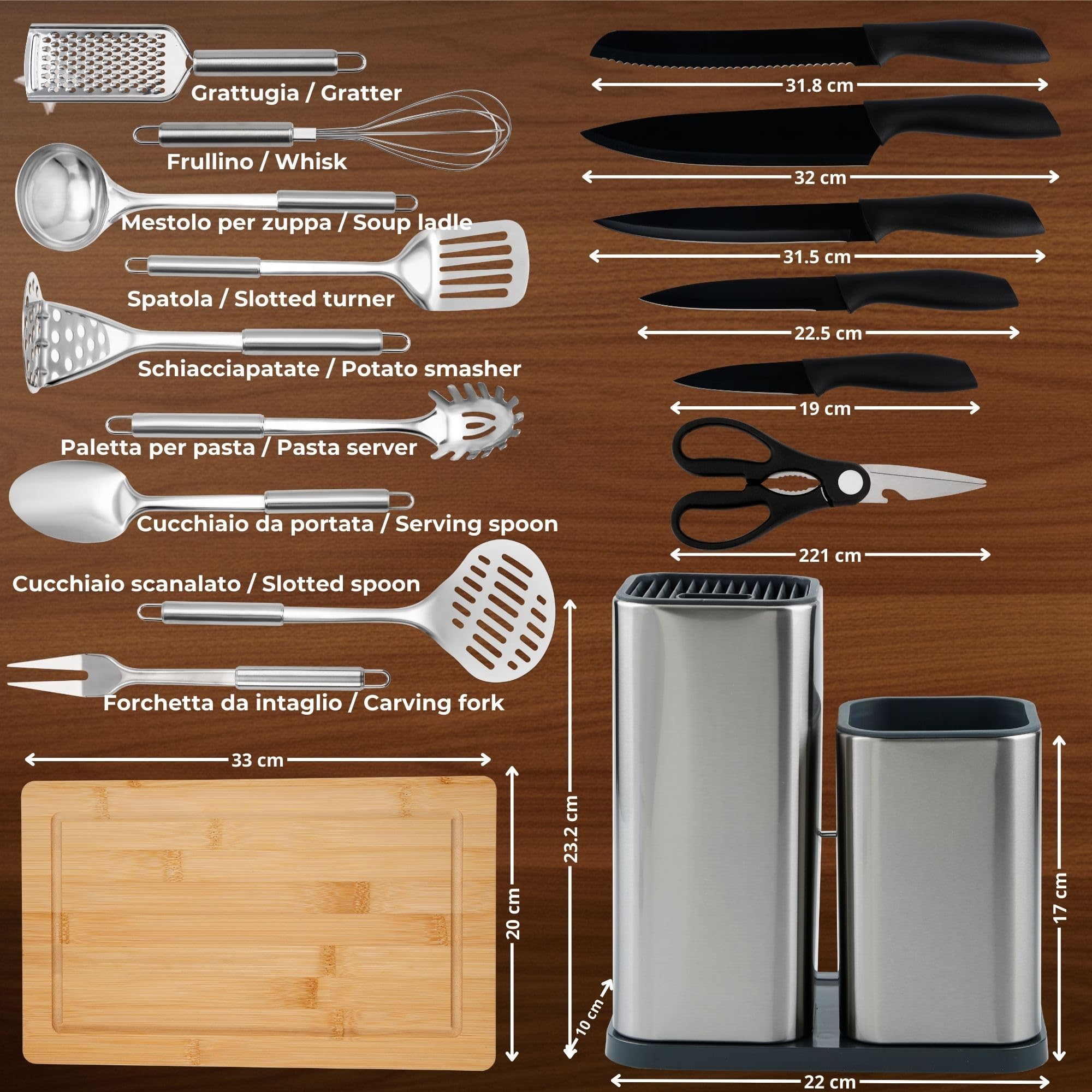 Set Utensili Cucina completo in acciaio inox da 17 Pezzi con set coltelli da cucina professionali, tagliere da cucina professionale, porta coltelli cucina e accessori cucina. Il Tuo Kit Cucina Ideale