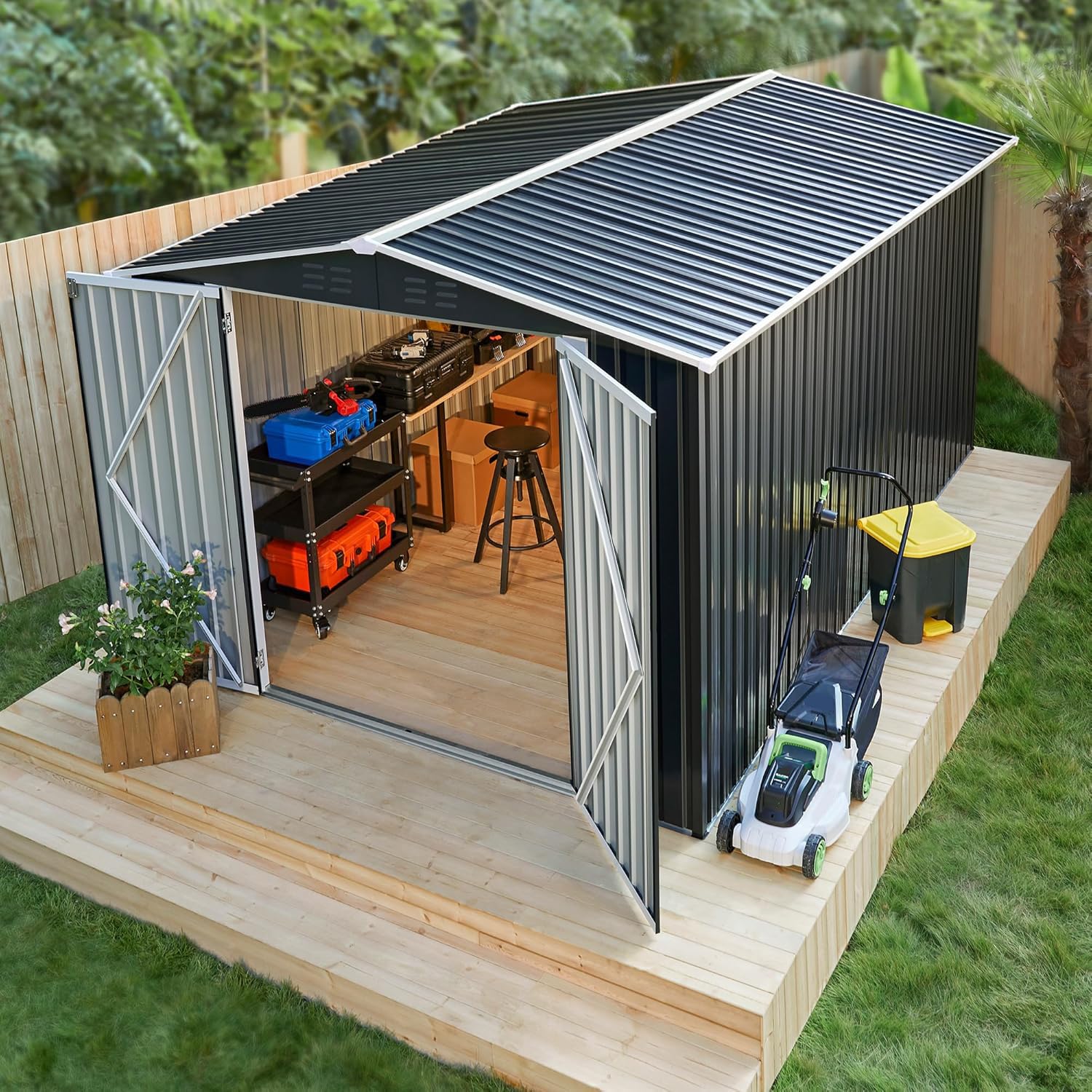 Polar Aurora Abri de rangement extérieur de 2,4 x 3,7 m, abri de jardin en métal avec structure de cadre mise à jour, abris à outils pour jardin, terrasse, pelouse, noir