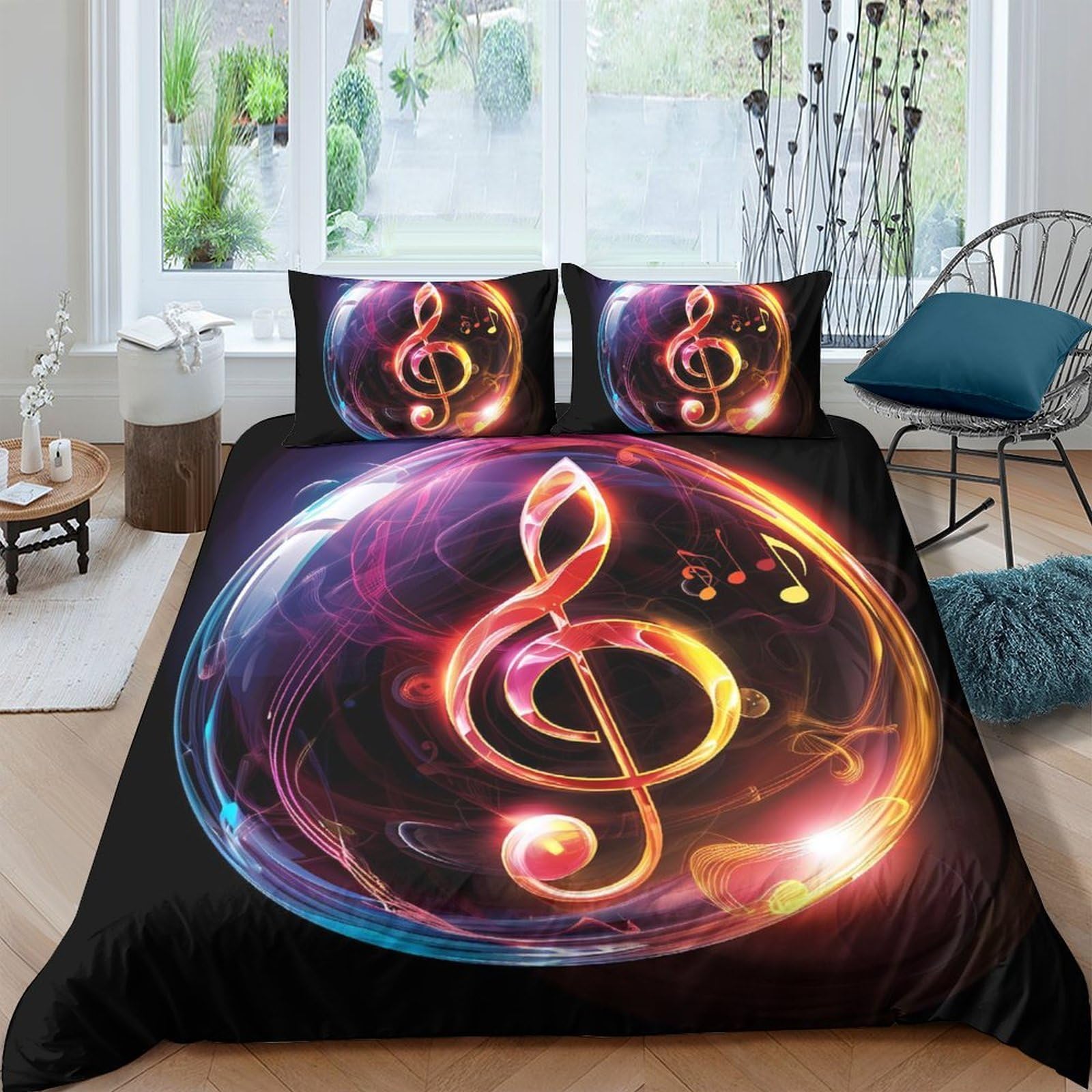 GPLZQXKJNH 3D Printed Music Note Duvet Cover Microfiber Black Colourful Bedding Set with 2 Pillowcases for Bedroom Decor Single（135x200cm）