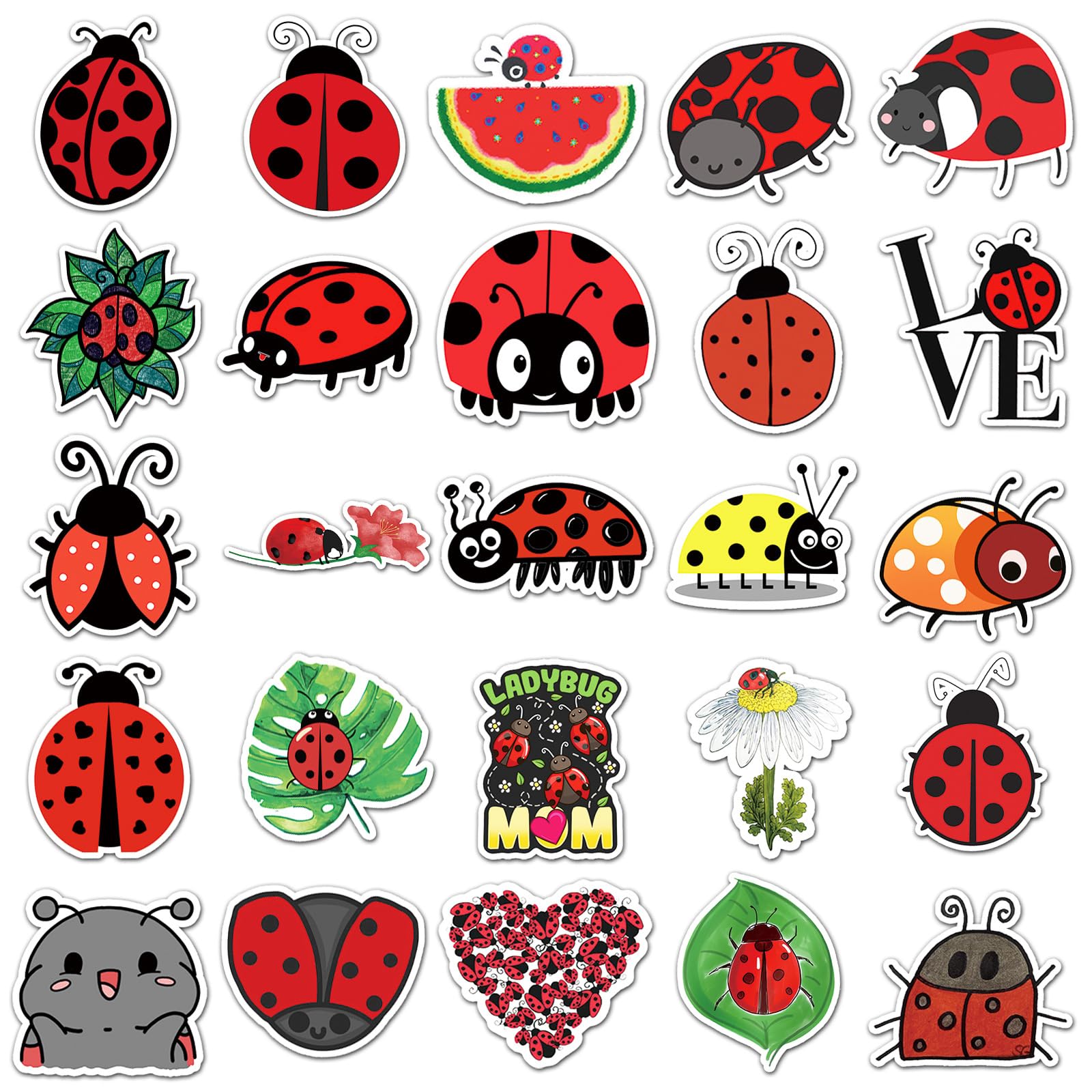 50 Pcs Cute Ladybug Stickers - Waterproof Vinyl Ladybug Decals with Love/Fruit Motifs for Skateboard, Laptop, Fridge & Luggage (Assorted Adorable Ladybug Designs)(Ladybug)