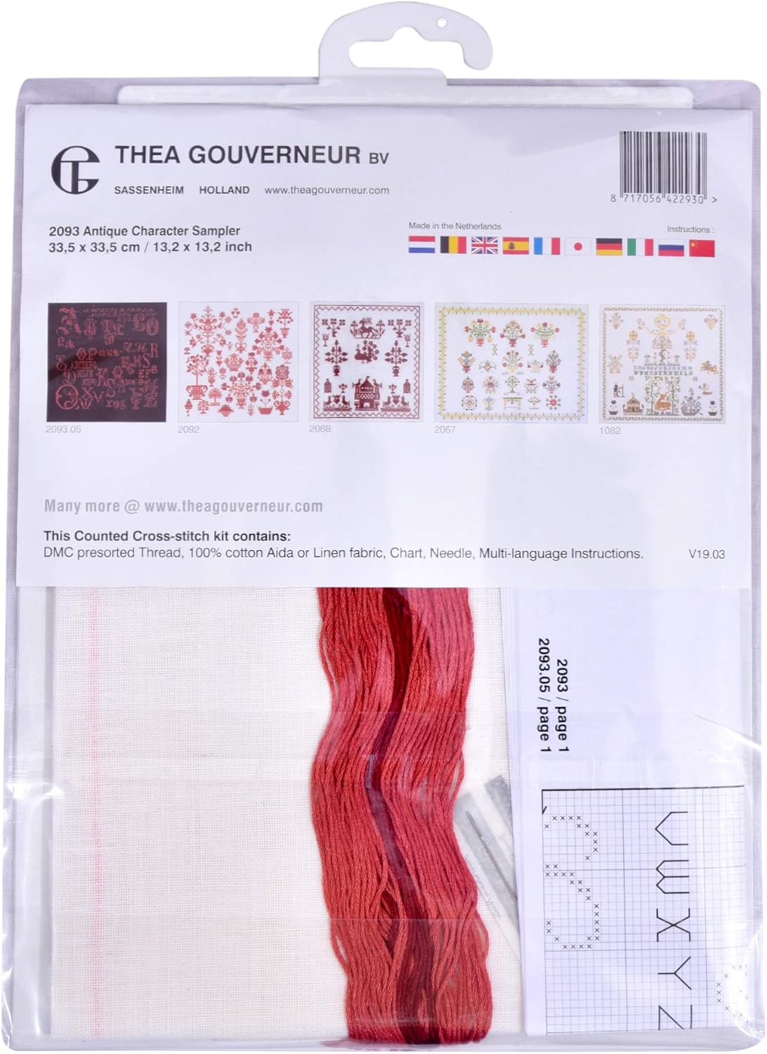 Thea Gouverneur - Counted Cross Stitch Kit - Antique Character Sampler - Linen - 36 Count - Embroidery Kit for Adults - DMC Embroidery Threads and Other Cross Stitch Supplies Included - 2093