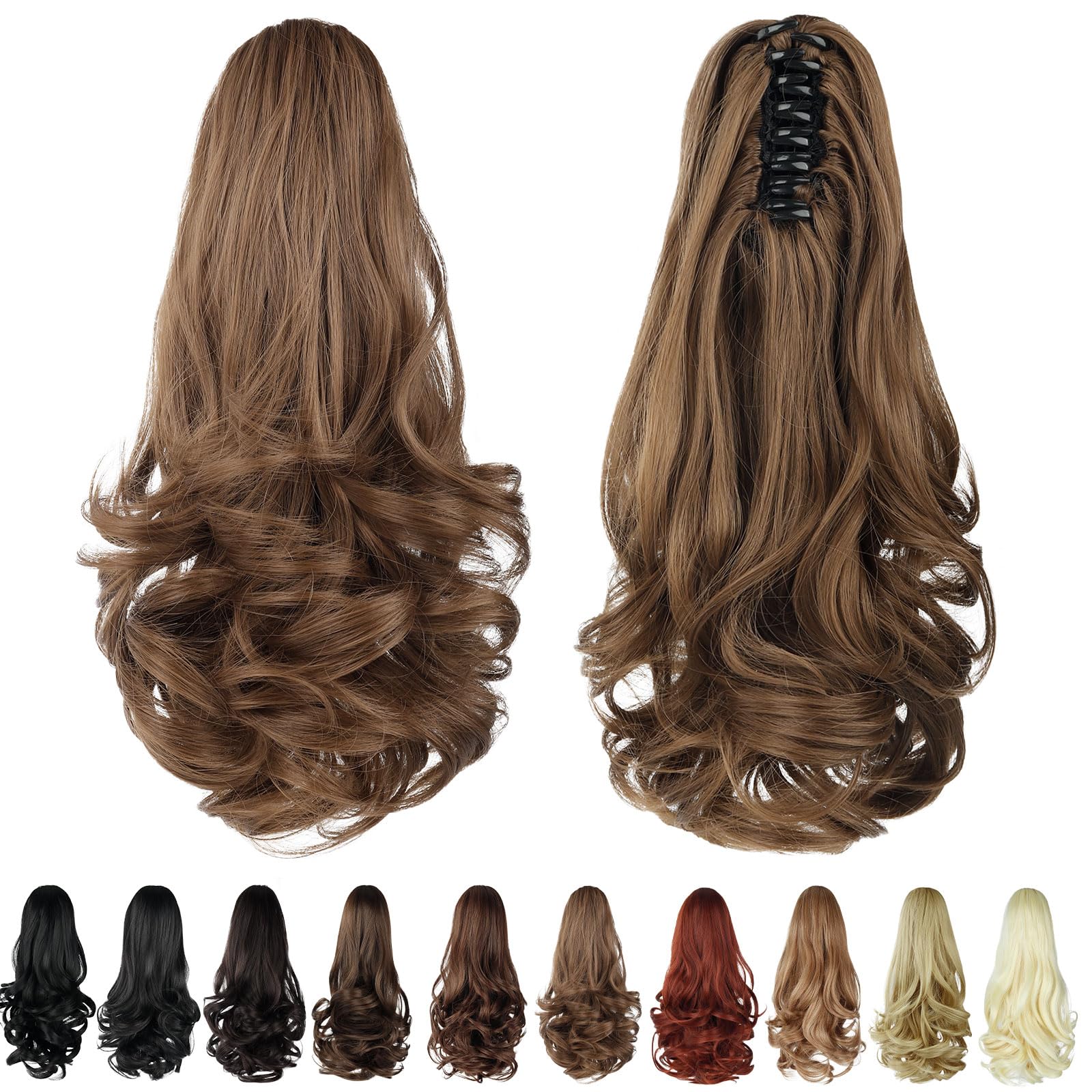 HEWEICSY Ponytail Extension, Clip on Ponytails for Women, 14" Claw Clip in Short Curly Wavy Pony Hair Extension for Women - Light Golden Brown