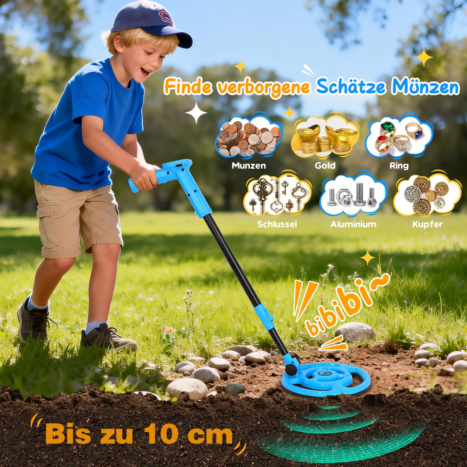 Metalldetektor Kinder, USB-wiederaufladbar Metalldetektor für Kinder, 7,36" wasserdichte Suchspule, 61-89cm Verstellbarer Griff mit LCD-Display, Strandschatzsuche Outdoor-Spielzeug für 8-12 (Blau)