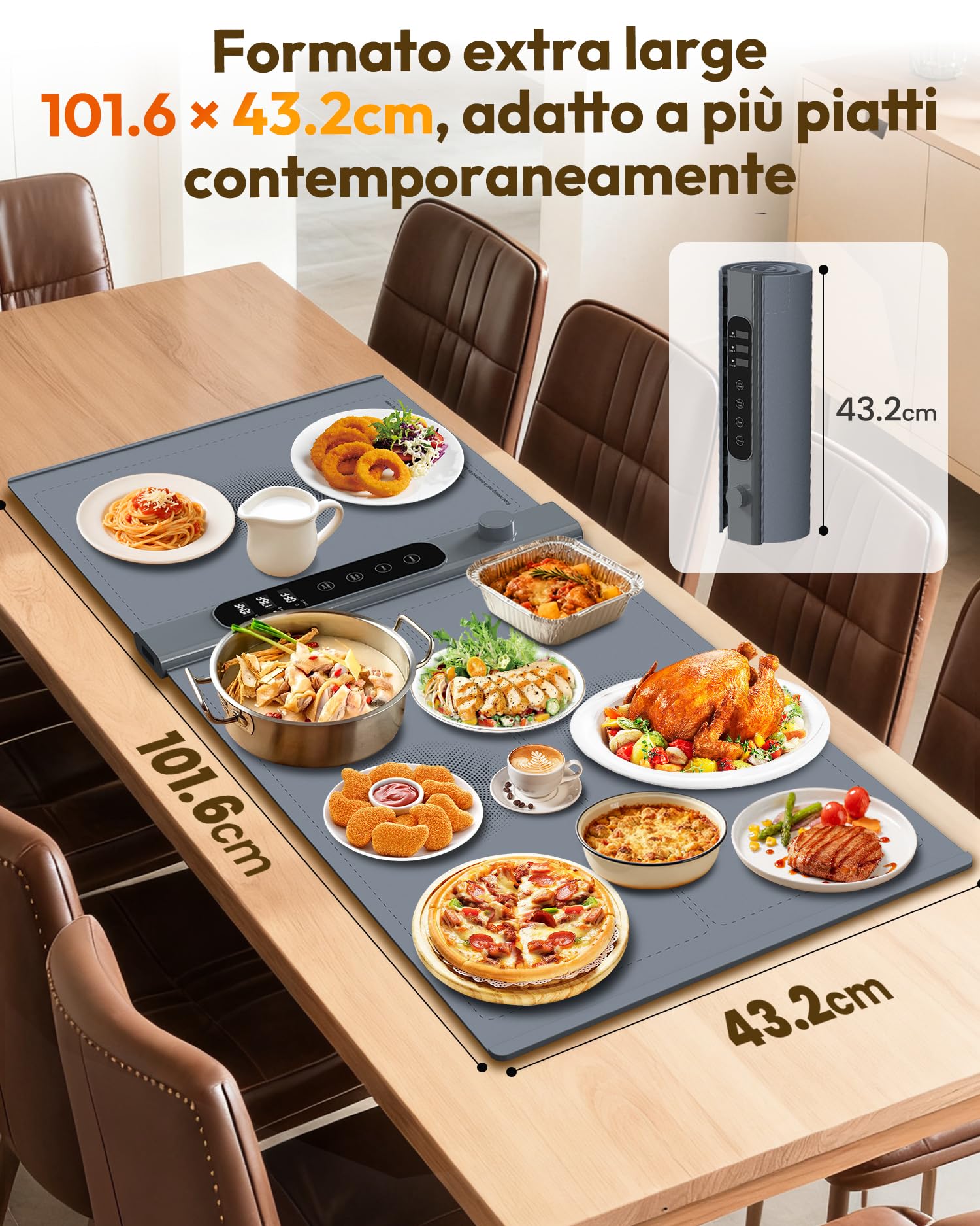 Vassoio Riscaldante Elettrico a 3 Zone Indipendenti 101×43 cm, Vassoio Riscaldante Pieghevole con 17 Livelli di Temperatura Precisi e Timer 1–6H, Tappetino Riscaldante in Silicone per Buffet e Feste