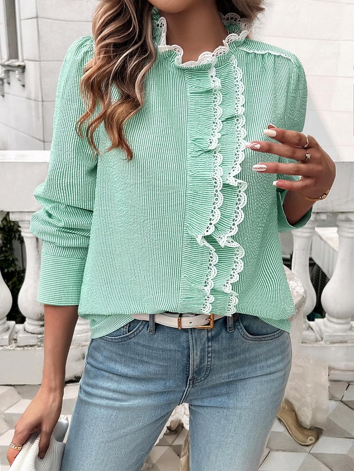 Women's Elegant Blouses Casual Long Sleeve Striped Button Up Work Office Shirts Teacher Fall Ruffle Lace Cute Tops - Image 2