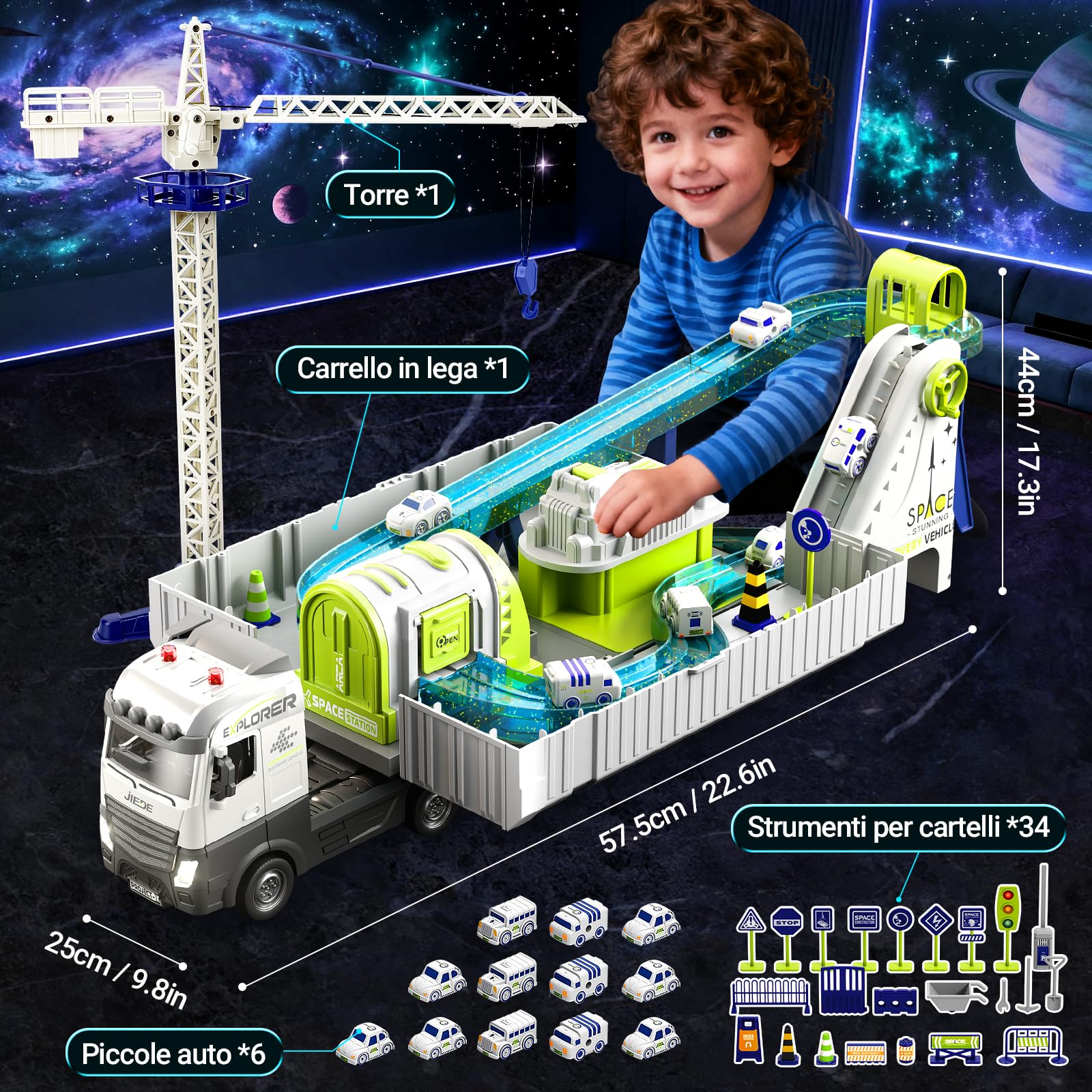 JONRRYIN Camion Cantiere Giocattolo Bambini, Veicoli da Cantiere con Piste Macchinine e Torre Gru, Mini Macchina, Grandi Camion in Lega Regalo per Bambini 3+ Anni