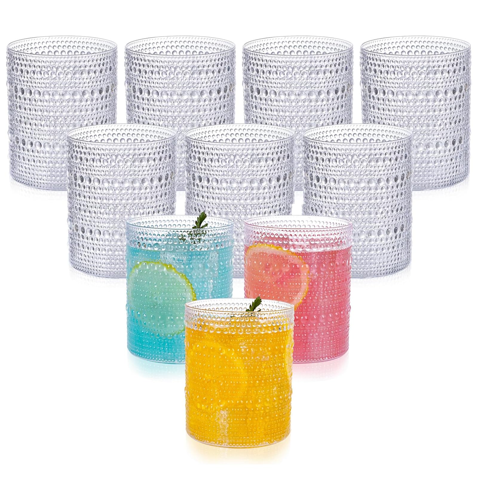 YOUBET 24PCS Plastic Hobnail Drinking Glasses - 14 Oz Clear Vintage Glasses Drinkware - Disposable Beaded Cups for