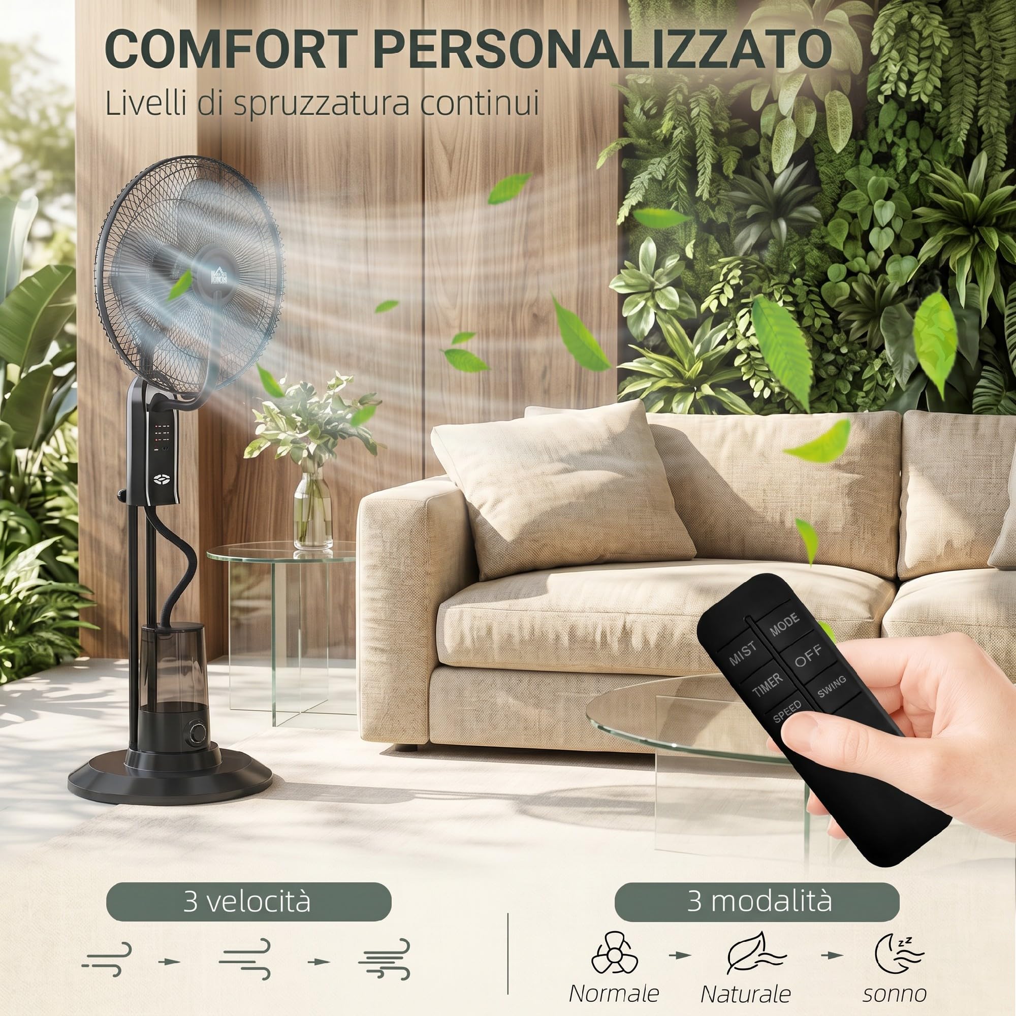 HOMCOM Ventilatore Nebulizzatore 75W con Serbatoio 3.2L, 3 Modalità, 3 Velocità, Ventilatore a Piantana con Oscillazione 75°, Inclinazione 10°, Telecomando, Timer 7.5h, Diametro 44.5cm