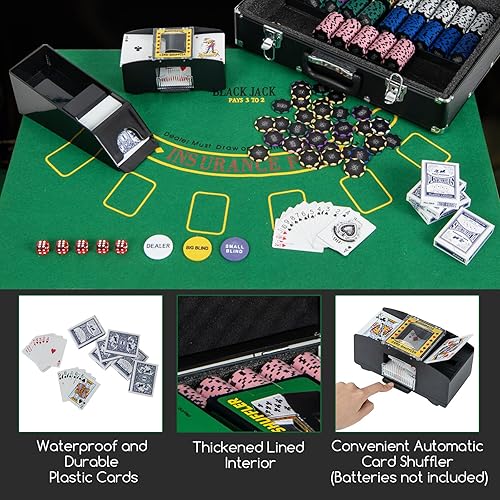 Miniatura 7 de GYMAX Juego de fichas de póquer, 600 fichas de casino Texas Hold 'em con estuche de transporte, 6 mazos de cartas, 5 dados y 3 botones de